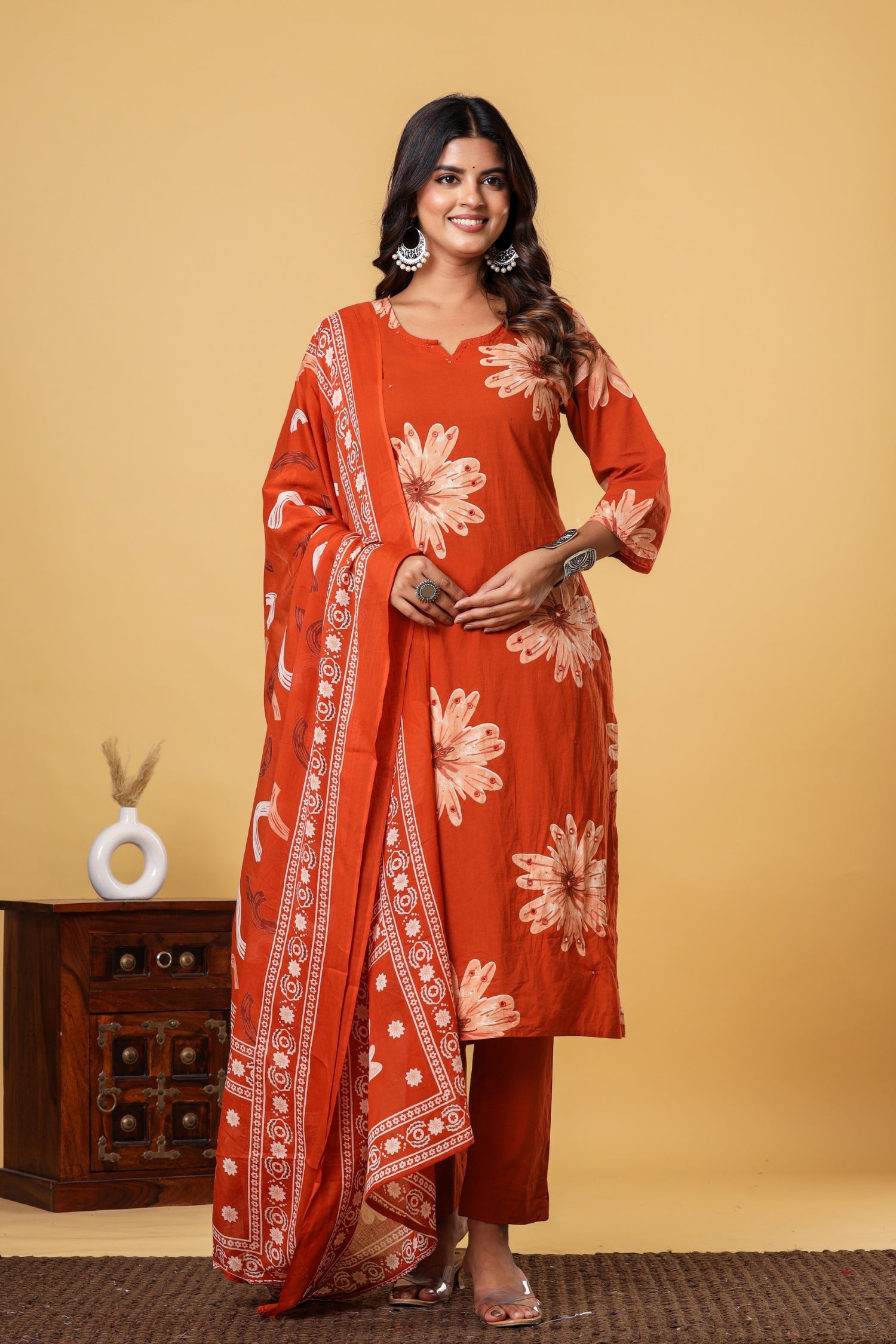 Festive Rust Floral Cotton Suit Set | Mirror Work