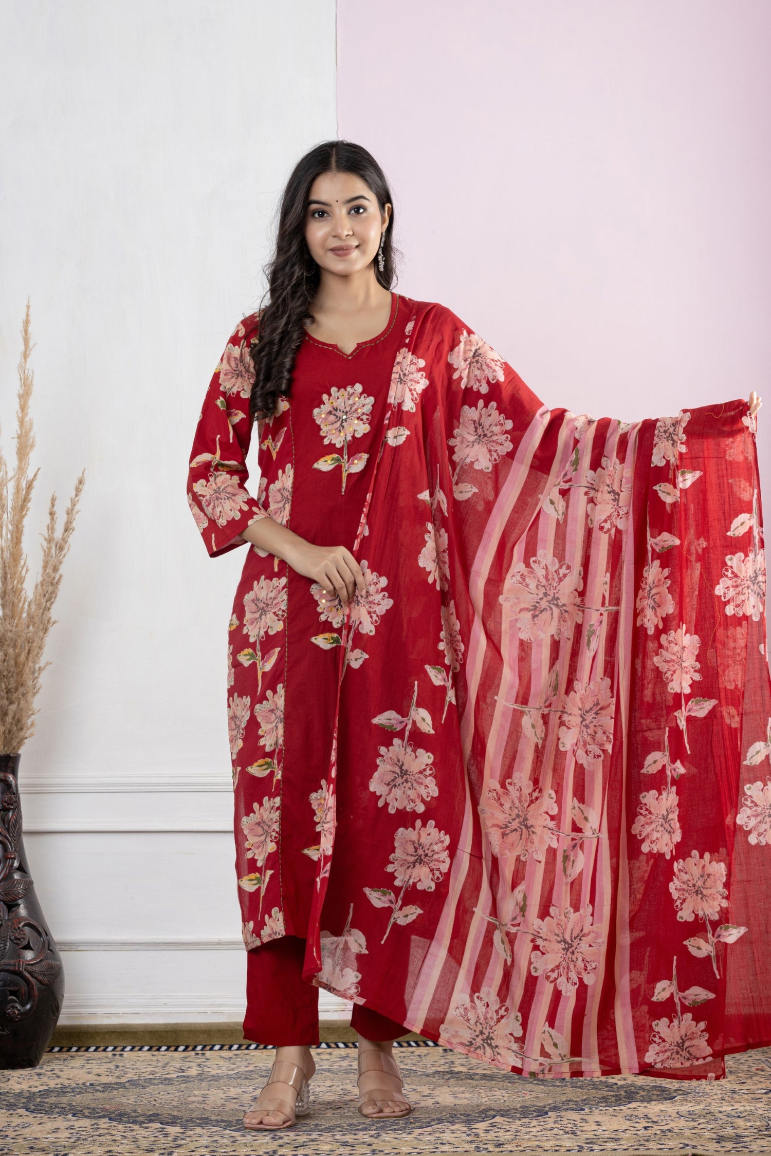 Festive Red Floral Embroidered Cotton Suit Set