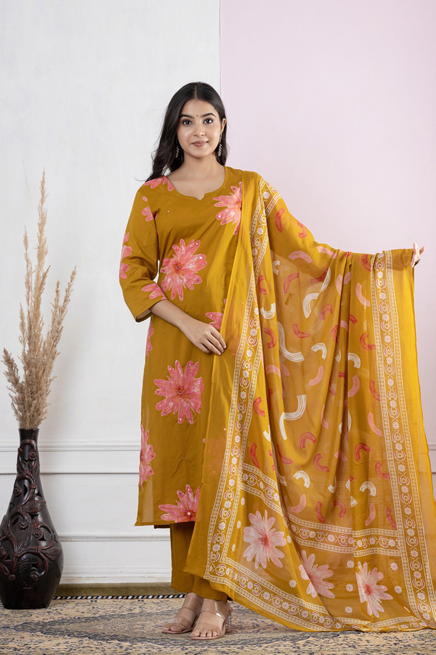Festive Mustard Floral Mirror Work Cotton Suit Set