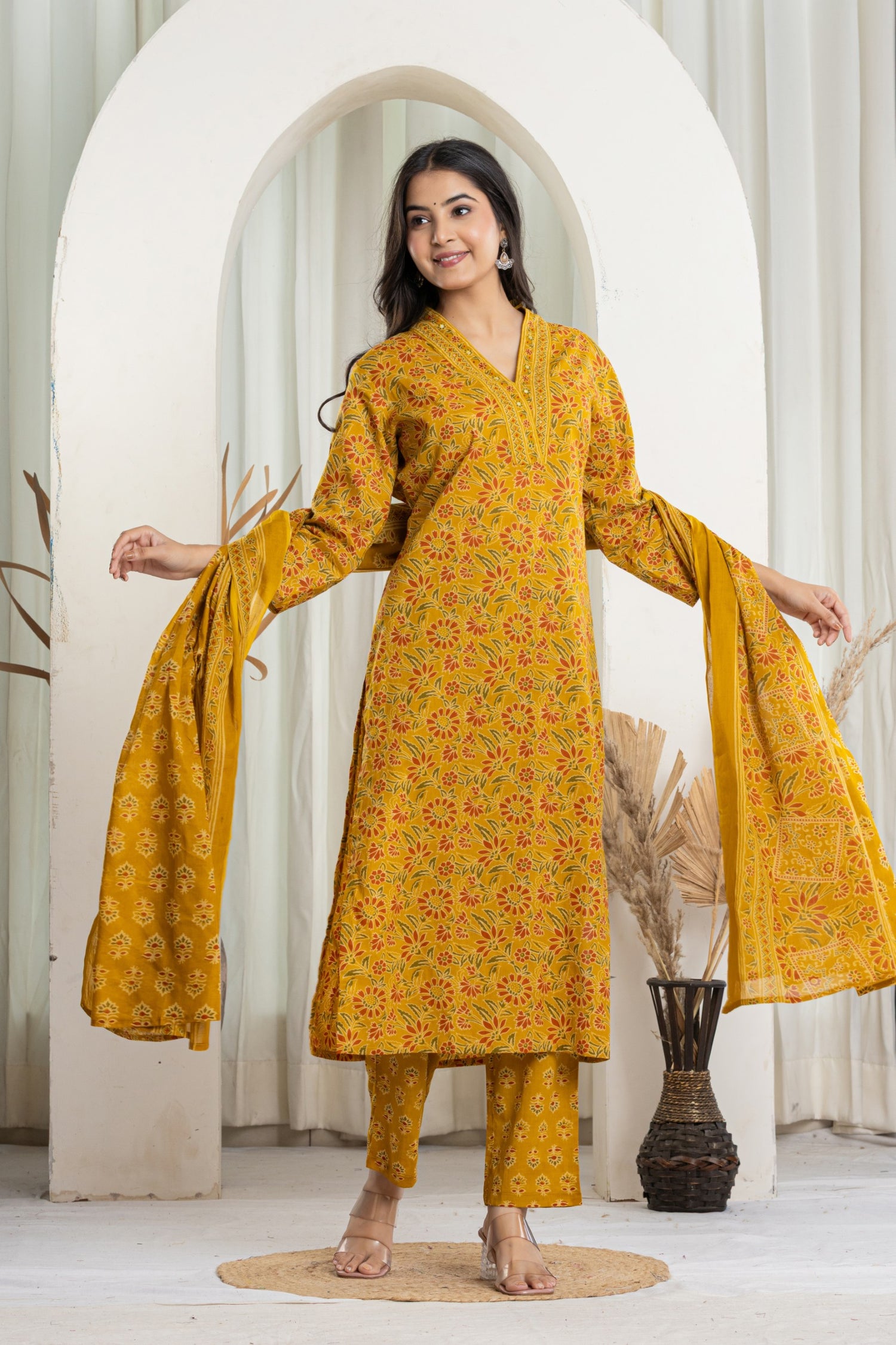 Festive Mustard Floral Cotton Suit Set | Hand-Embroidered