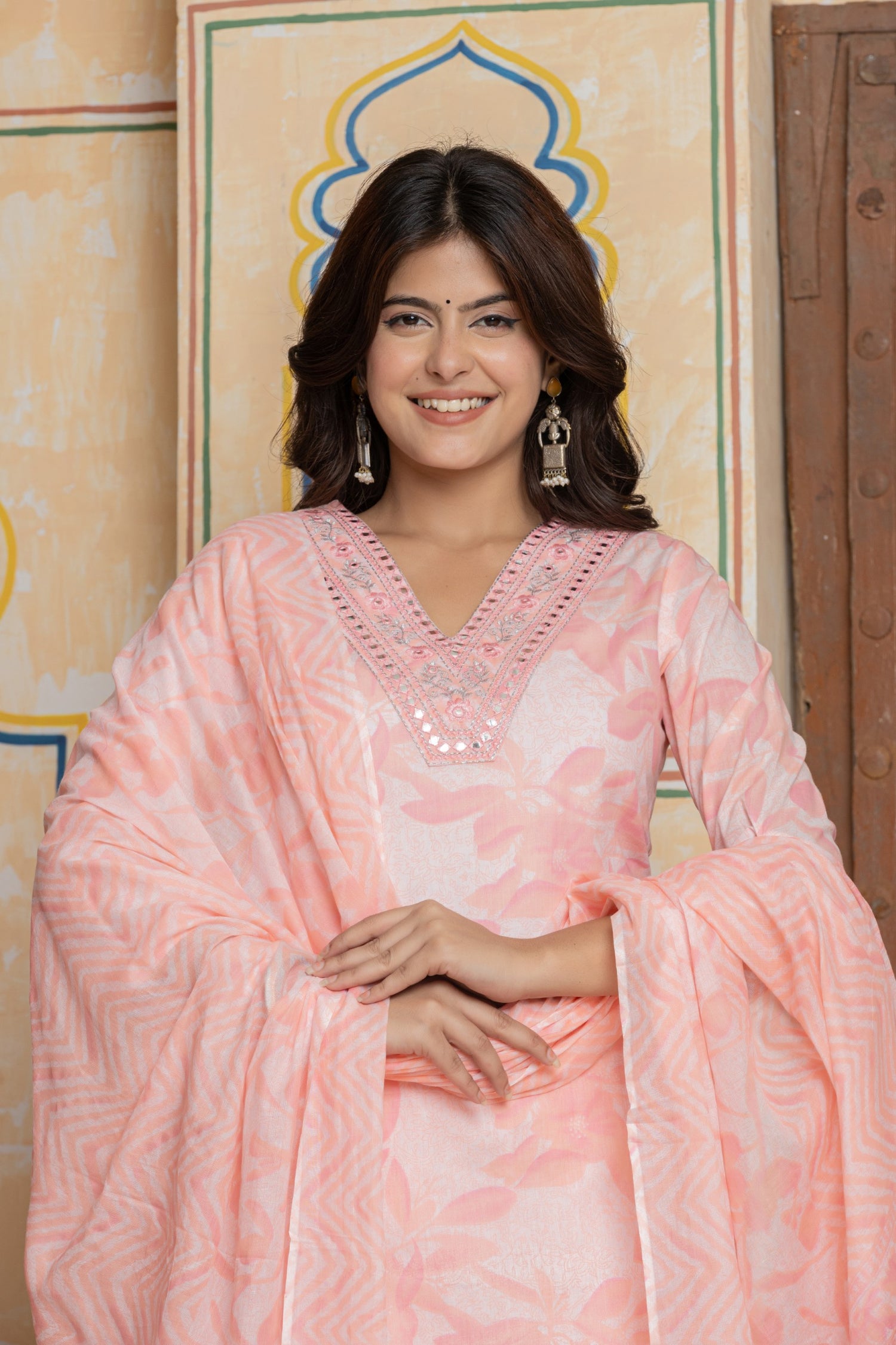 Blush Pink Mirror Work Cotton Suit Set | Tonal Leafy Print