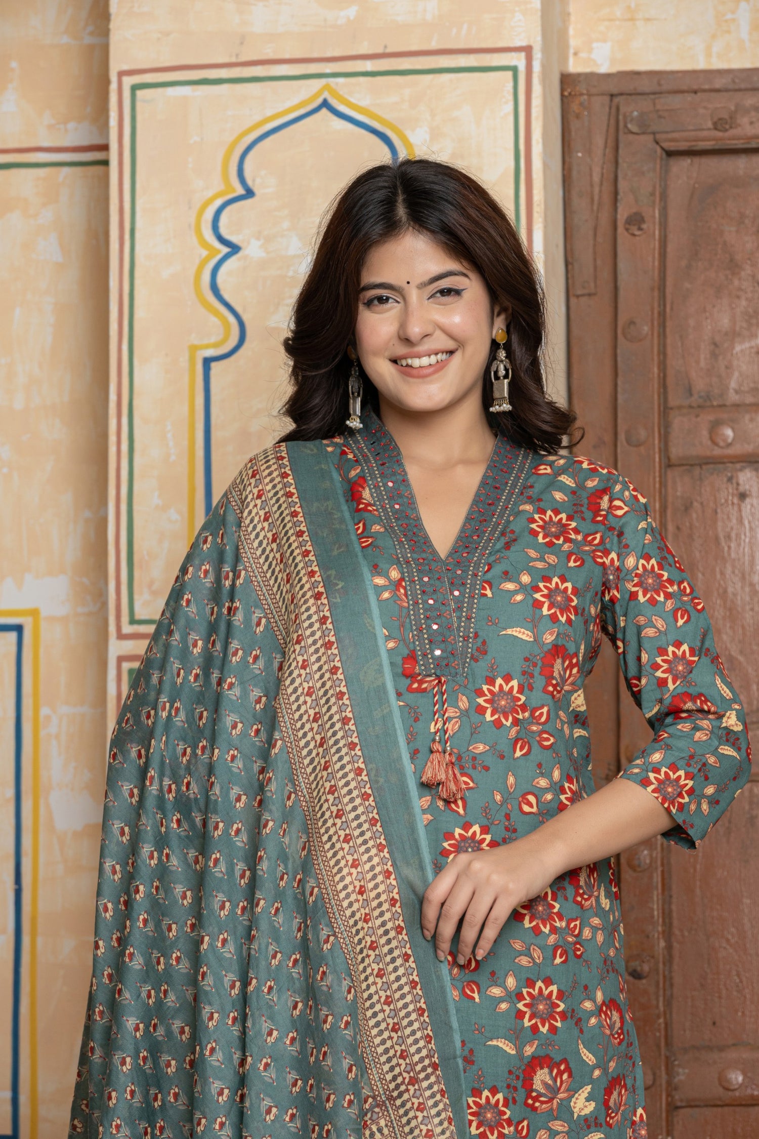 Sage Green Floral Cotton Suit Set | Hand-Embroidered