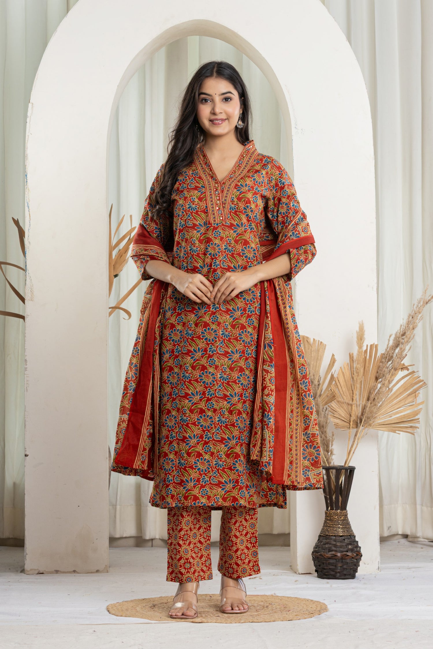 Festive Red Kalamkari Print Cotton Suit Set | Hand-Embroidered