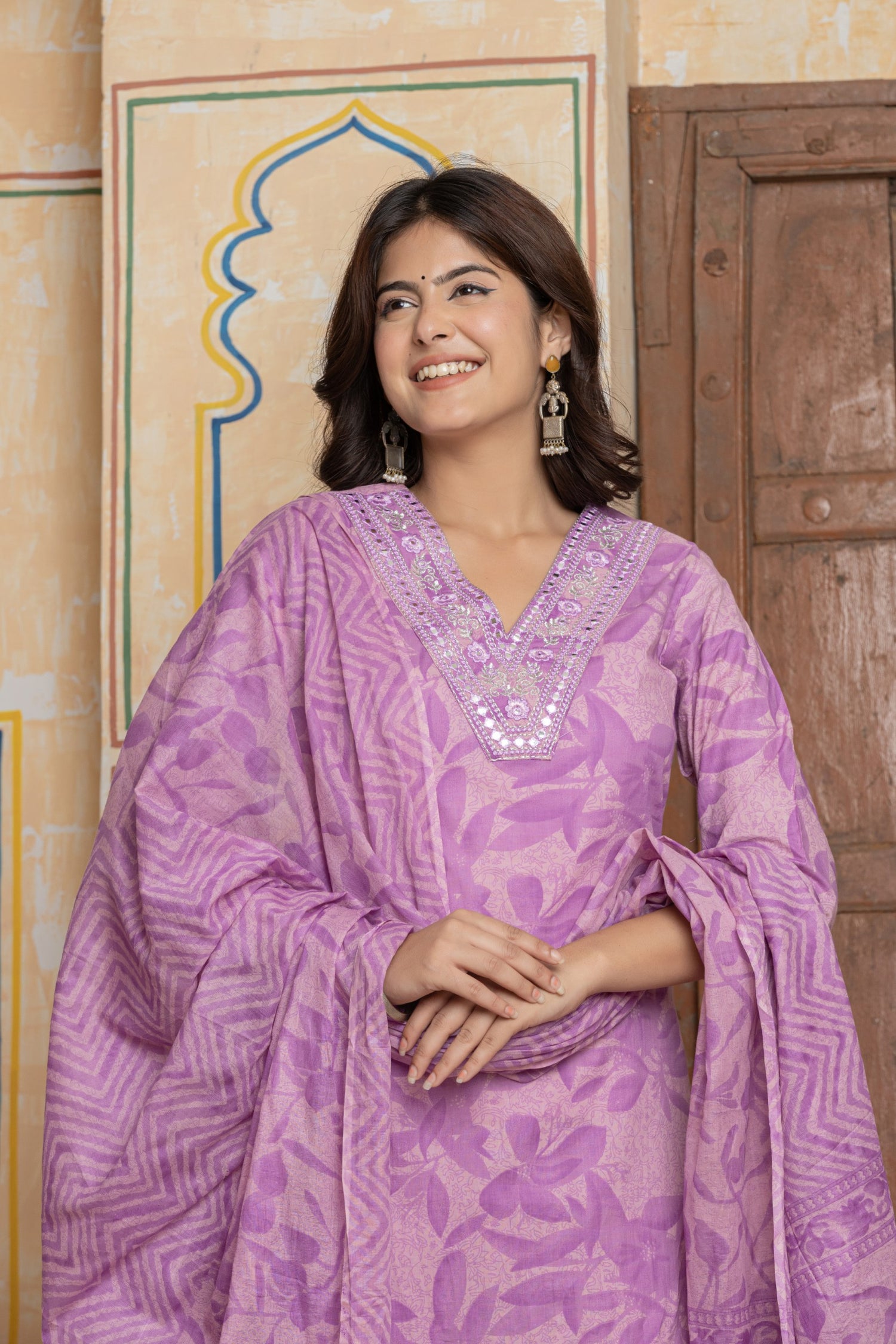 Lavender Mirror Work Cotton Suit Set | Tonal Leafy Print