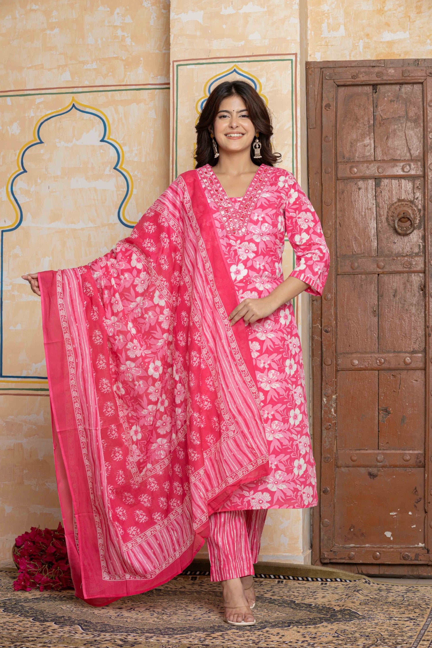 Rani Pink Mirror Work Cotton Suit Set | Floral & Leheriya Print