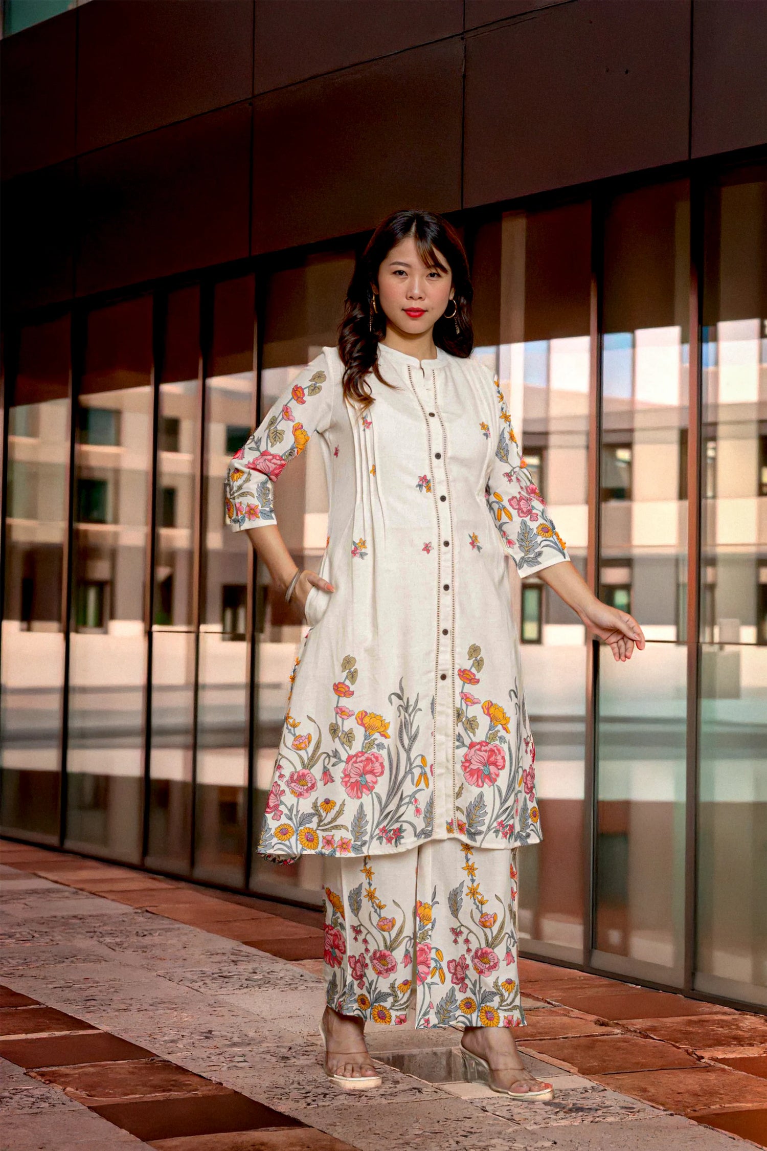 Floral Embroidered Pintuck A-line Co-ord Set | Cotton Flex