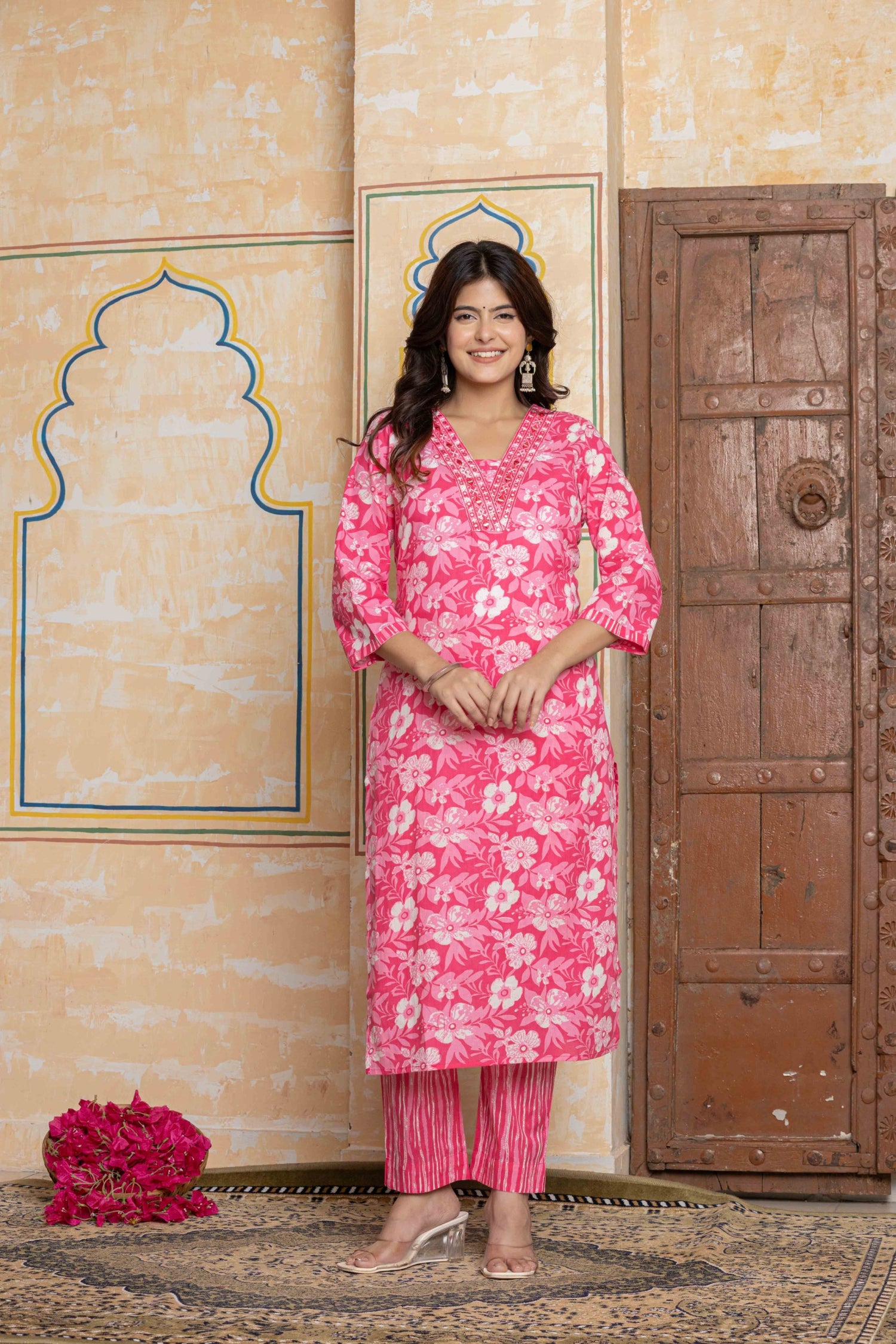 Rani Pink Mirror Work Cotton Suit Set | Floral & Leheriya Print