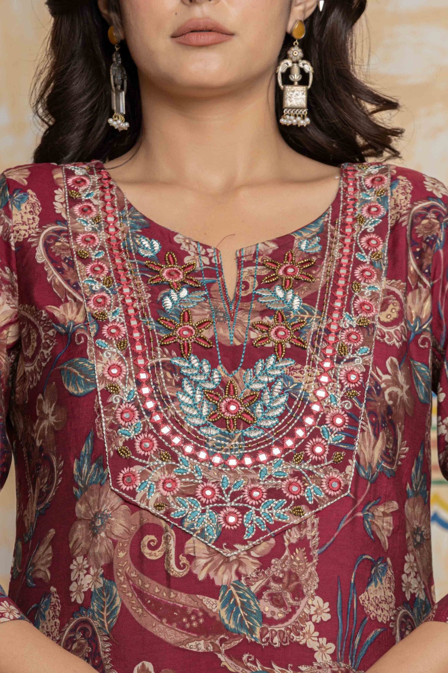 Maroon Embroidered Chanderi Silk Kurta & Skirt Set | Festive Sharara Suit