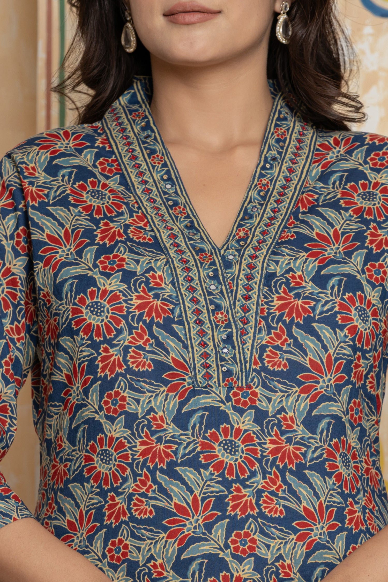 Indigo Kalamkari Print Cotton Suit Set | Hand-Embroidered