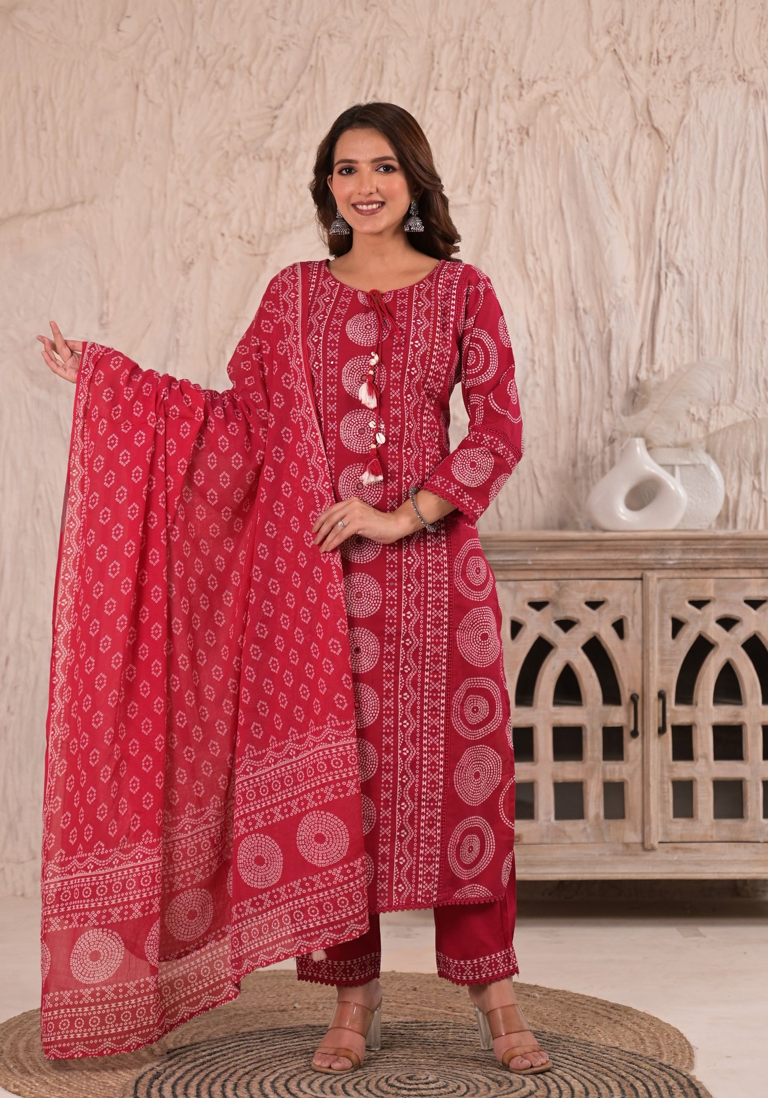 Festive Red Bandhani Print Cotton Suit Set | Tassel Detail
