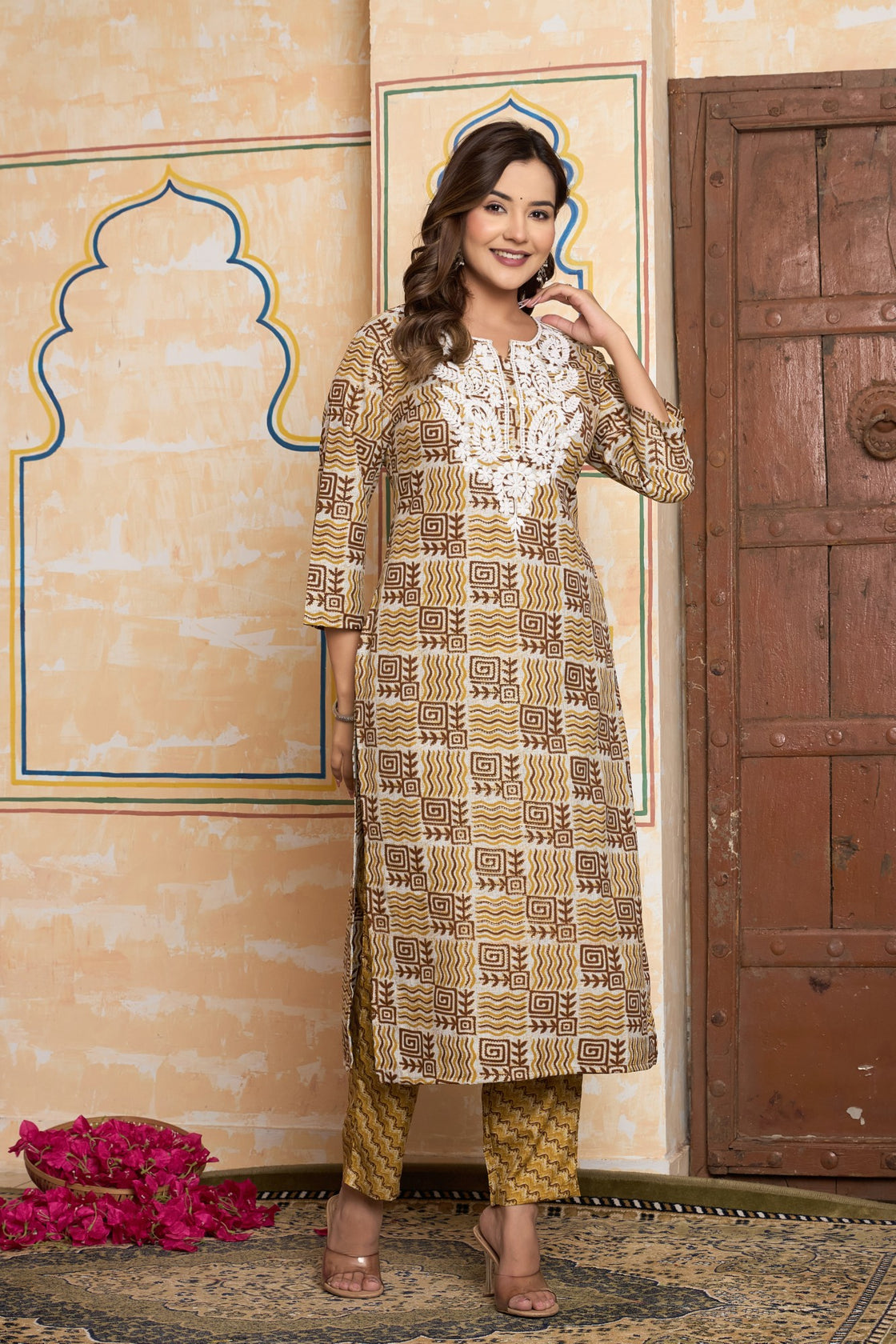 The Navra Artisanal Block Print Cotton Kurta Set in Mustard & Maroon