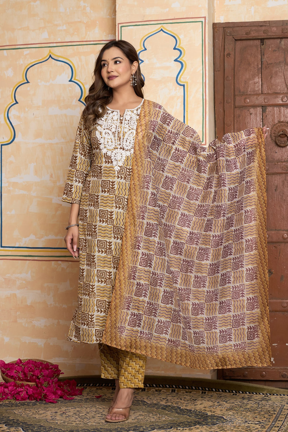 The Navra Artisanal Block Print Cotton Kurta Set in Mustard & Maroon