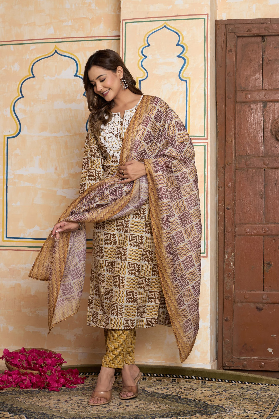 The Navra Artisanal Block Print Cotton Kurta Set in Mustard & Maroon
