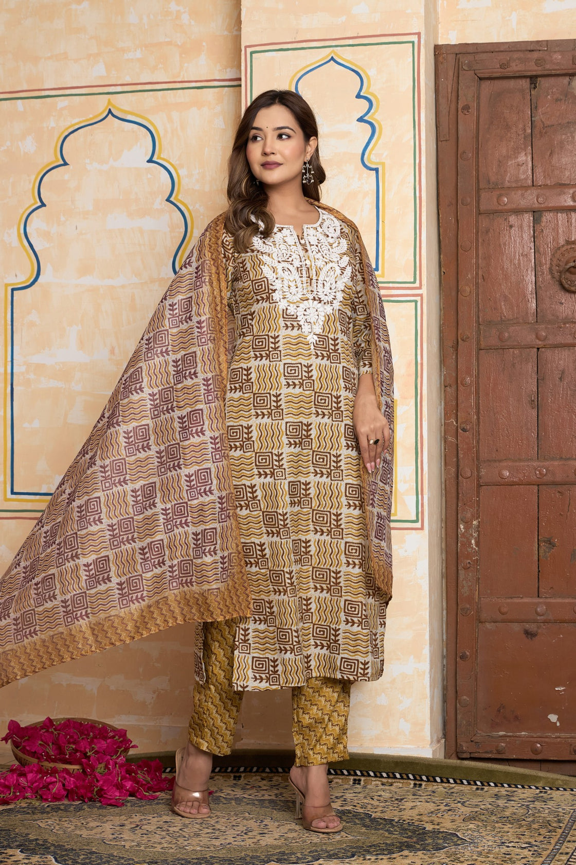 The Navra Artisanal Block Print Cotton Kurta Set in Mustard & Maroon