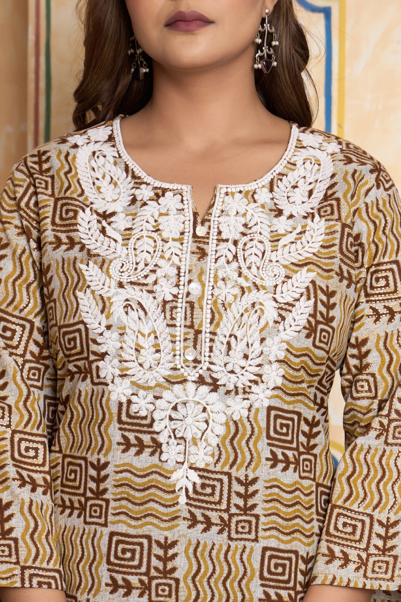 The Navra Artisanal Block Print Cotton Kurta Set in Mustard & Maroon