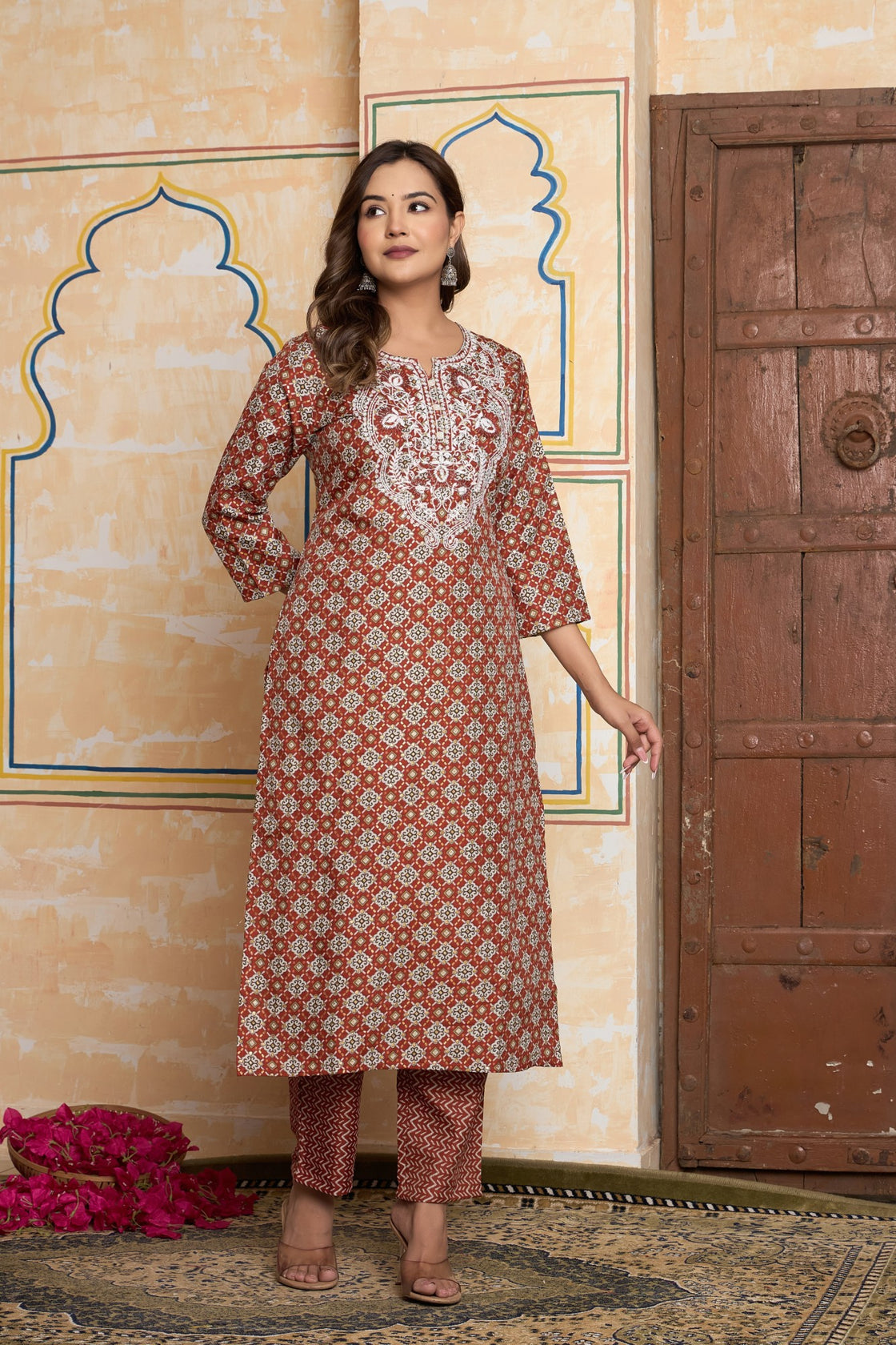 The Navra Brick Red Printed Cotton Kurta Set with Embroidery