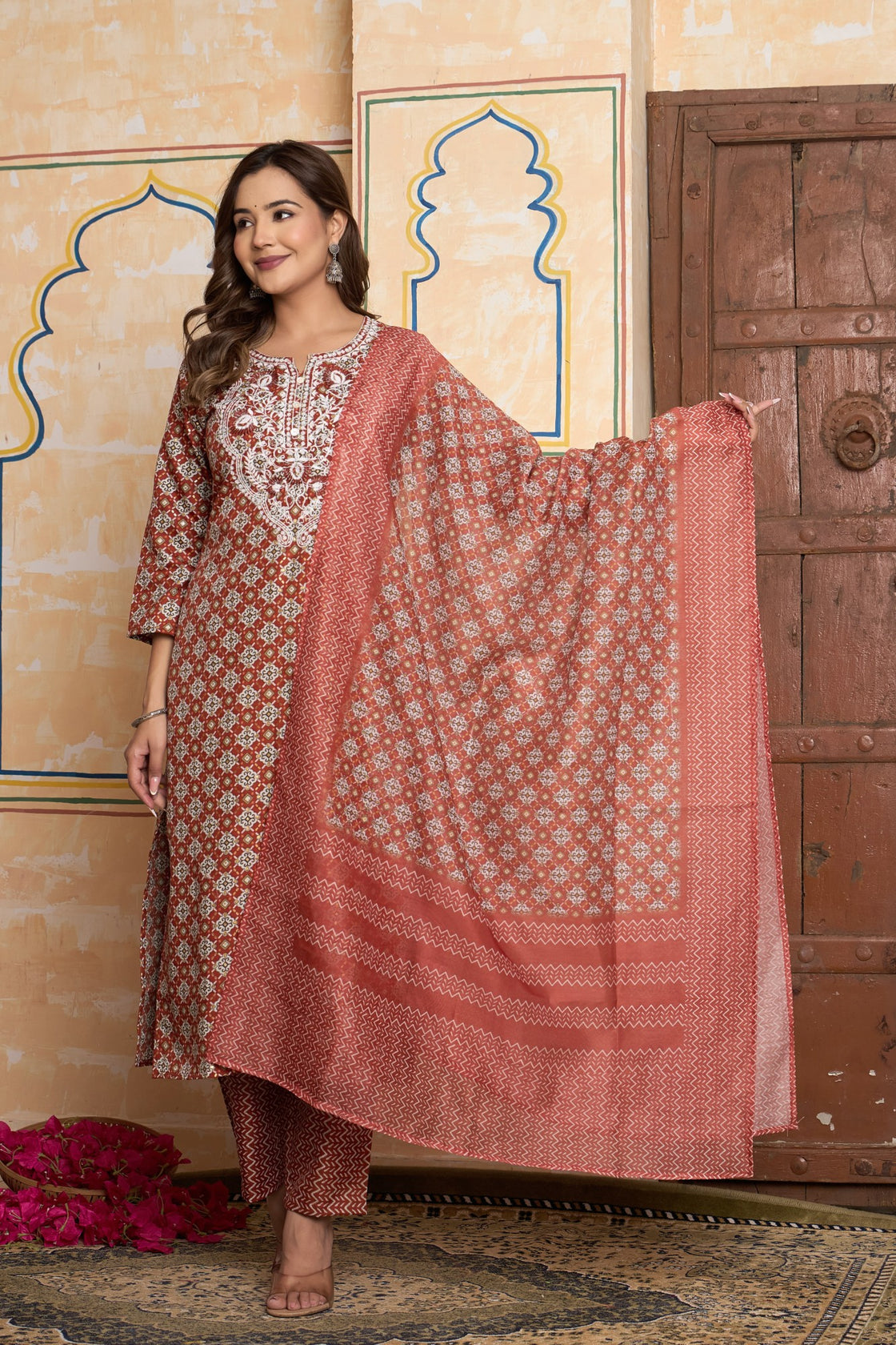 The Navra Brick Red Printed Cotton Kurta Set with Embroidery