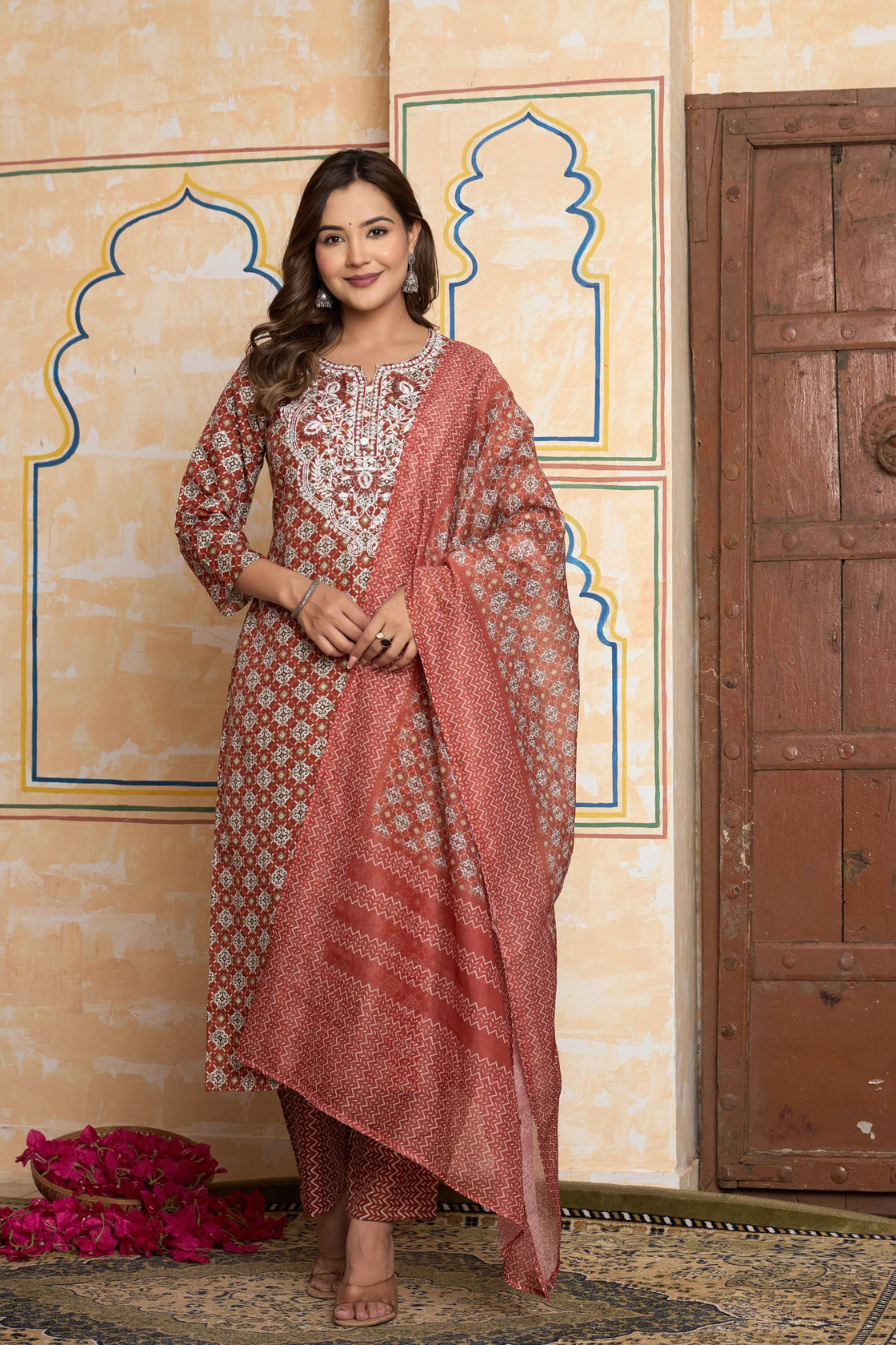 The Navra Brick Red Printed Cotton Kurta Set with Embroidery