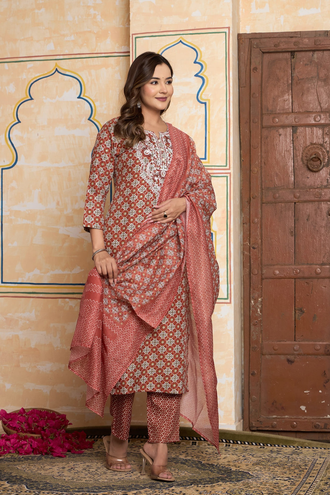The Navra Brick Red Printed Cotton Kurta Set with Embroidery