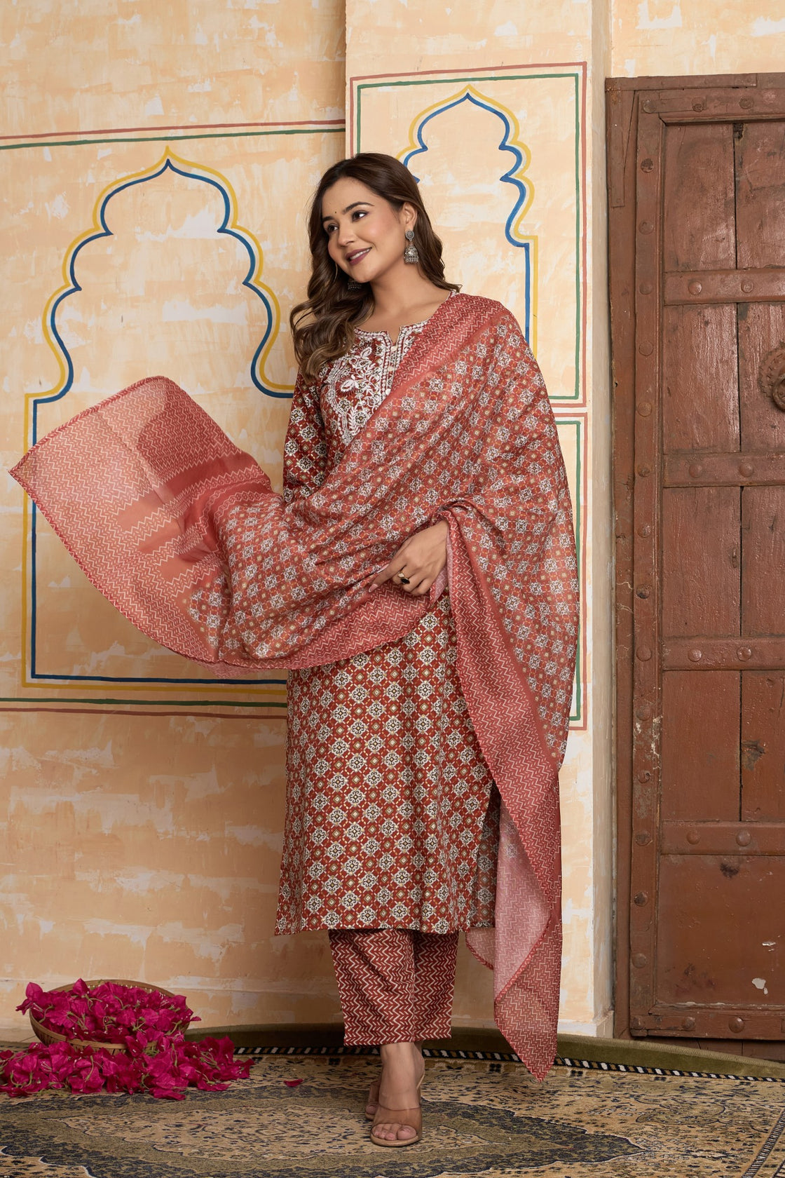 The Navra Brick Red Printed Cotton Kurta Set with Embroidery