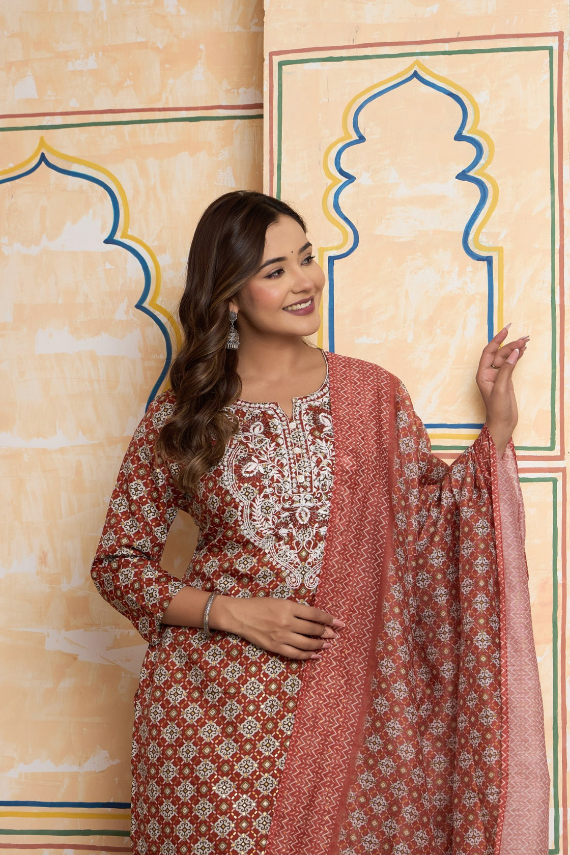 The Navra Brick Red Printed Cotton Kurta Set with Embroidery