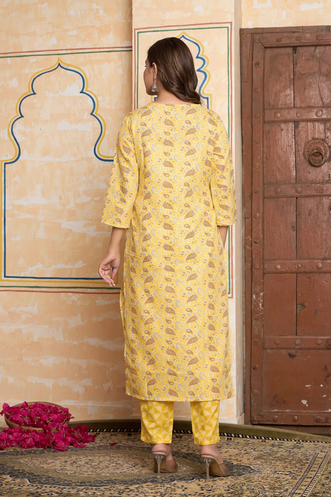 The Navra Yellow Floral Cotton Kurta Set with Embellished Neck