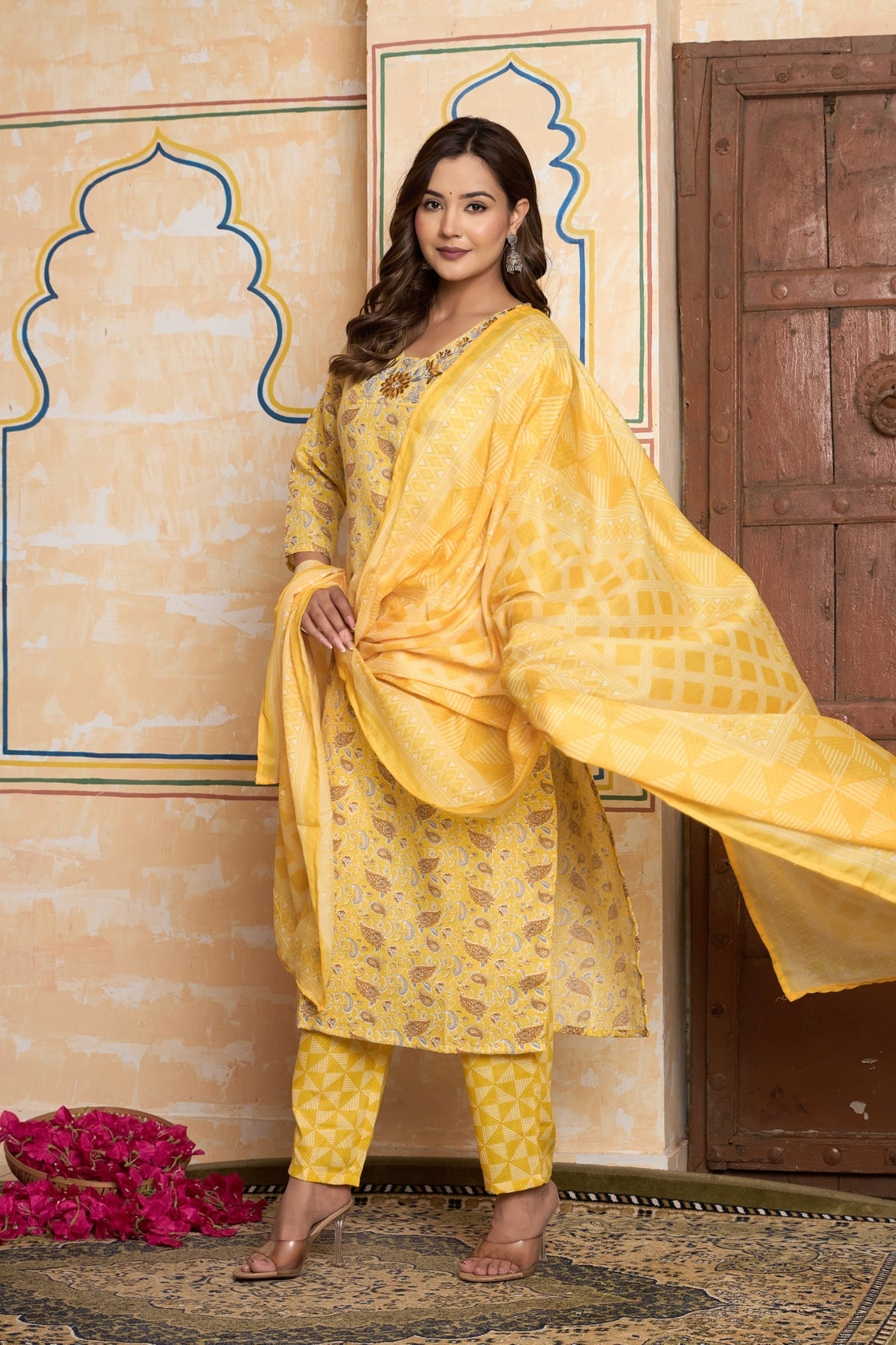 The Navra Yellow Floral Cotton Kurta Set with Embellished Neck