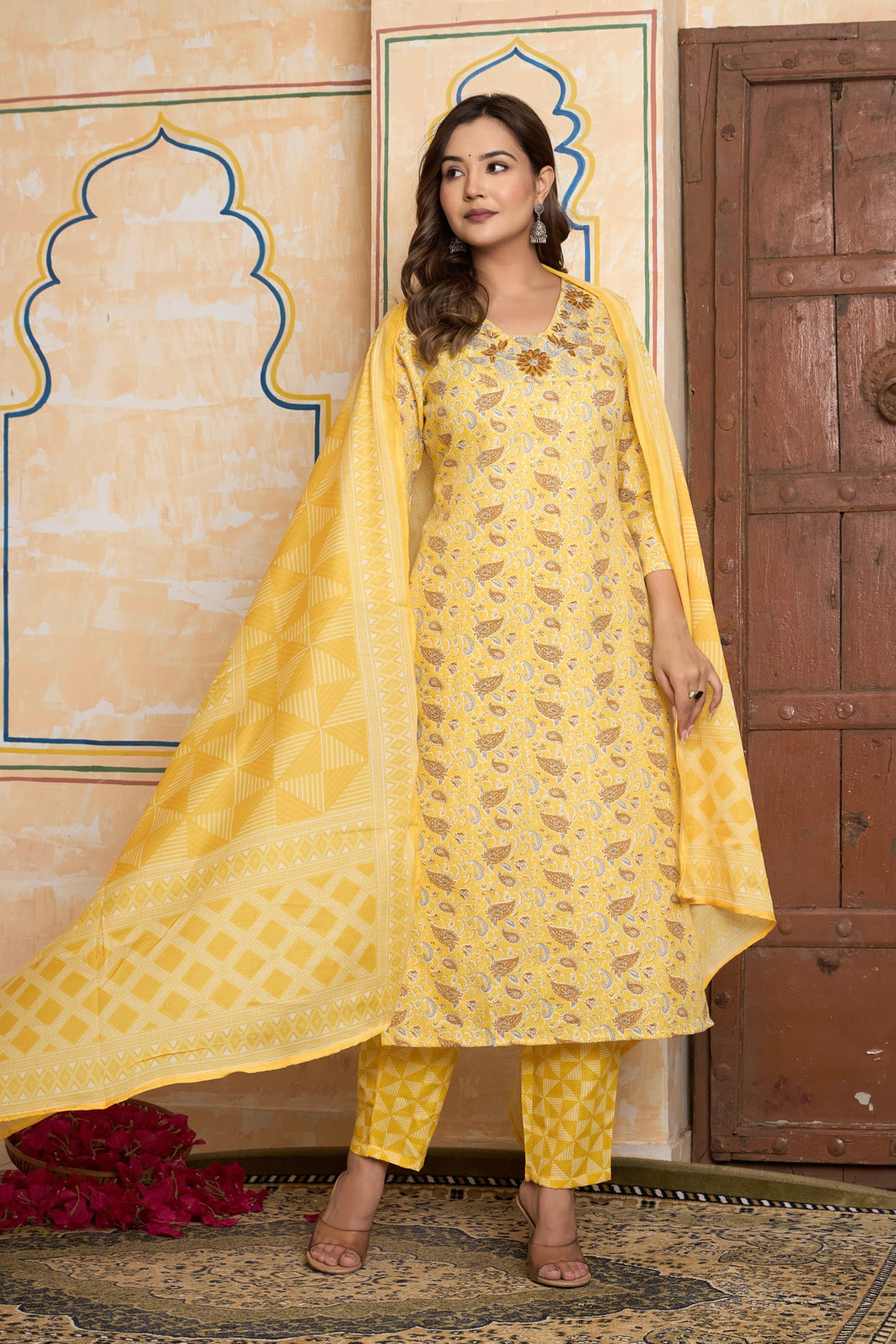 The Navra Yellow Floral Cotton Kurta Set with Embellished Neck