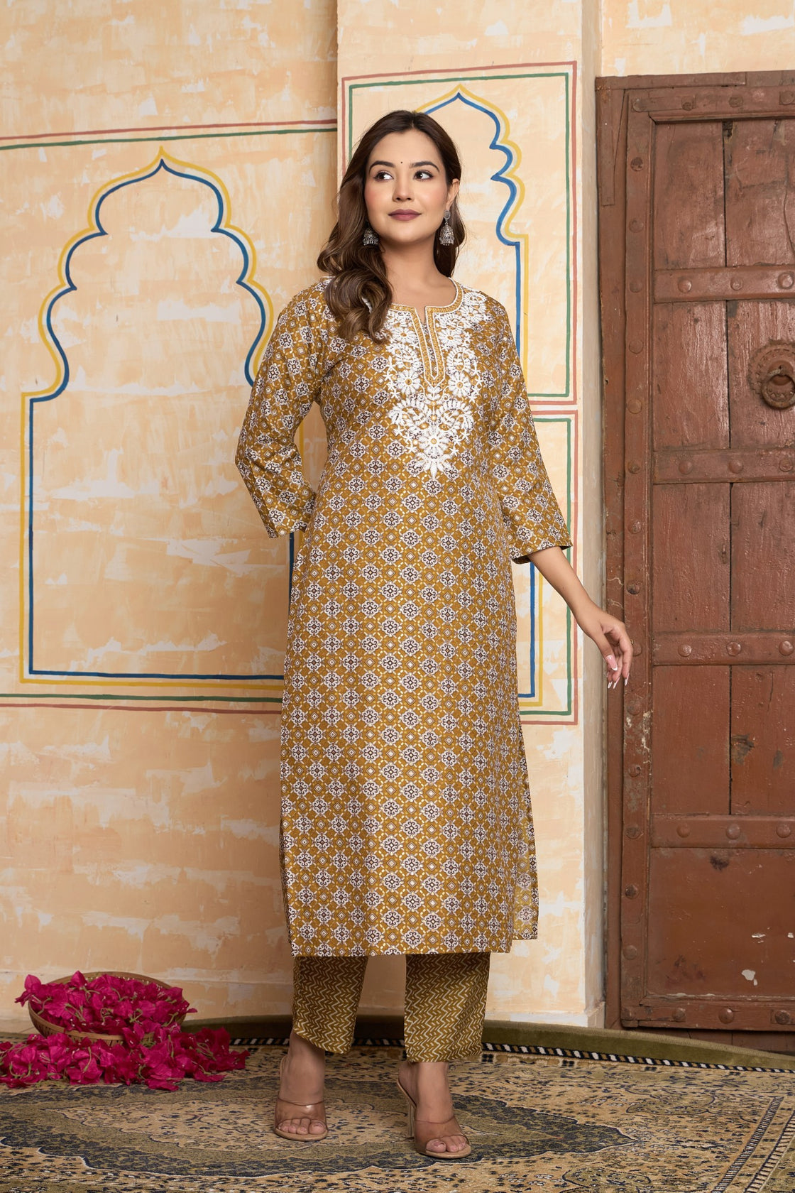 The Navra Golden Ochre Printed Cotton Kurta Set with Embroidery