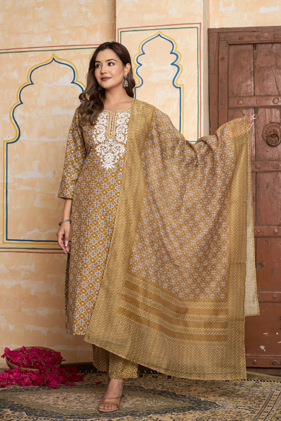 The Navra Golden Ochre Printed Cotton Kurta Set with Embroidery