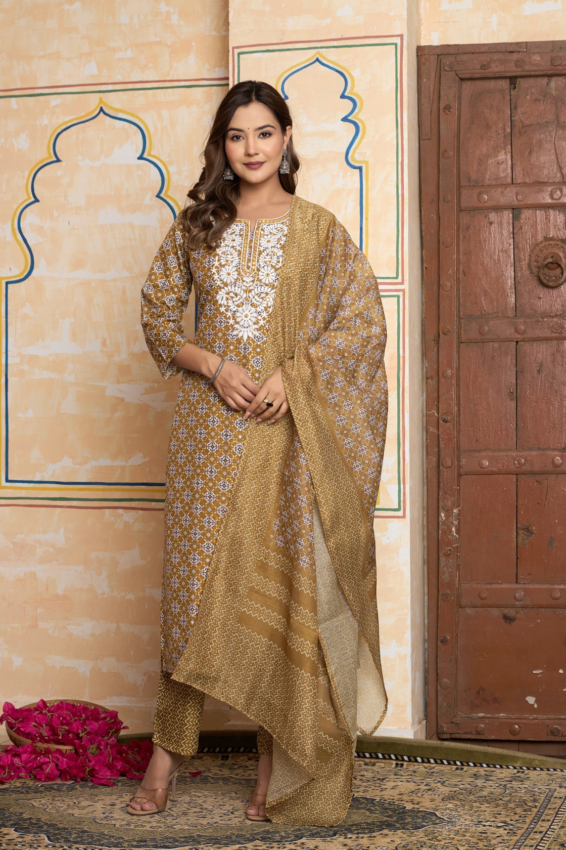 The Navra Golden Ochre Printed Cotton Kurta Set with Embroidery