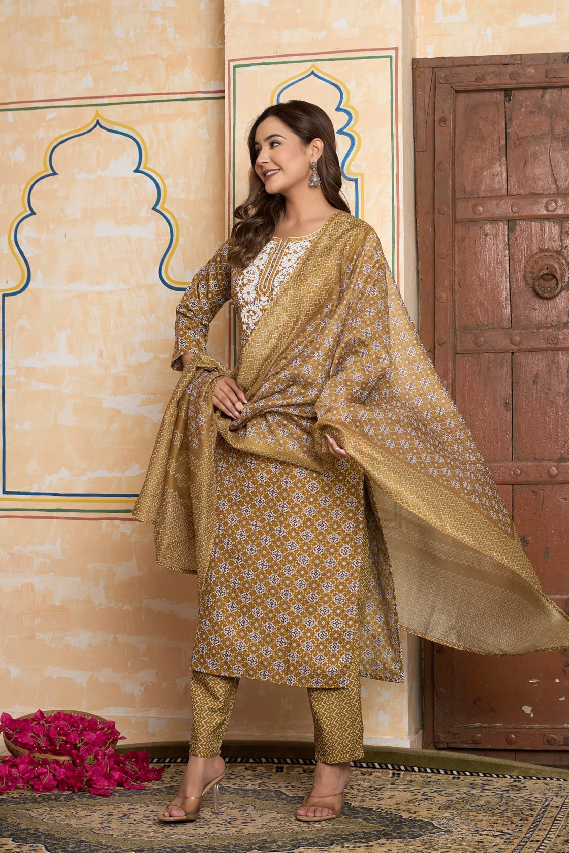The Navra Golden Ochre Printed Cotton Kurta Set with Embroidery