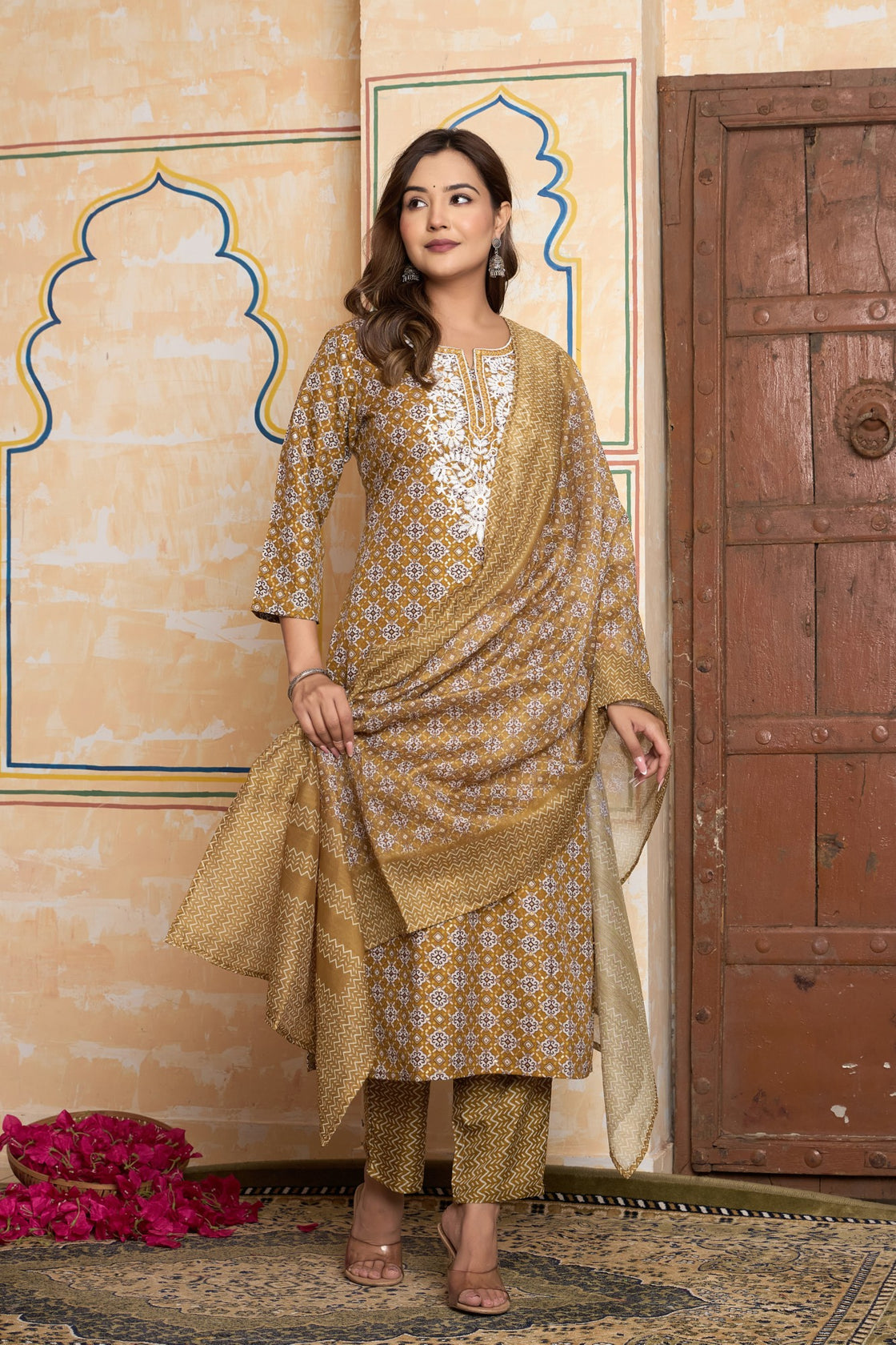 The Navra Golden Ochre Printed Cotton Kurta Set with Embroidery