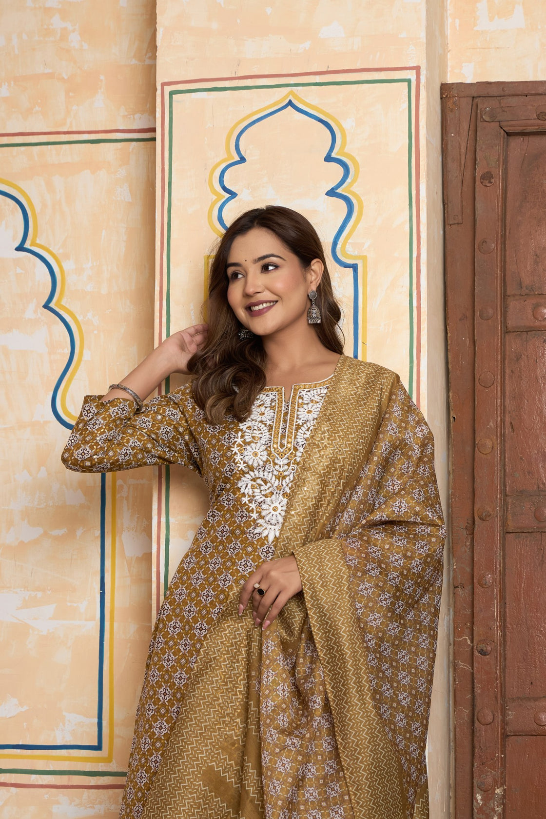 The Navra Golden Ochre Printed Cotton Kurta Set with Embroidery