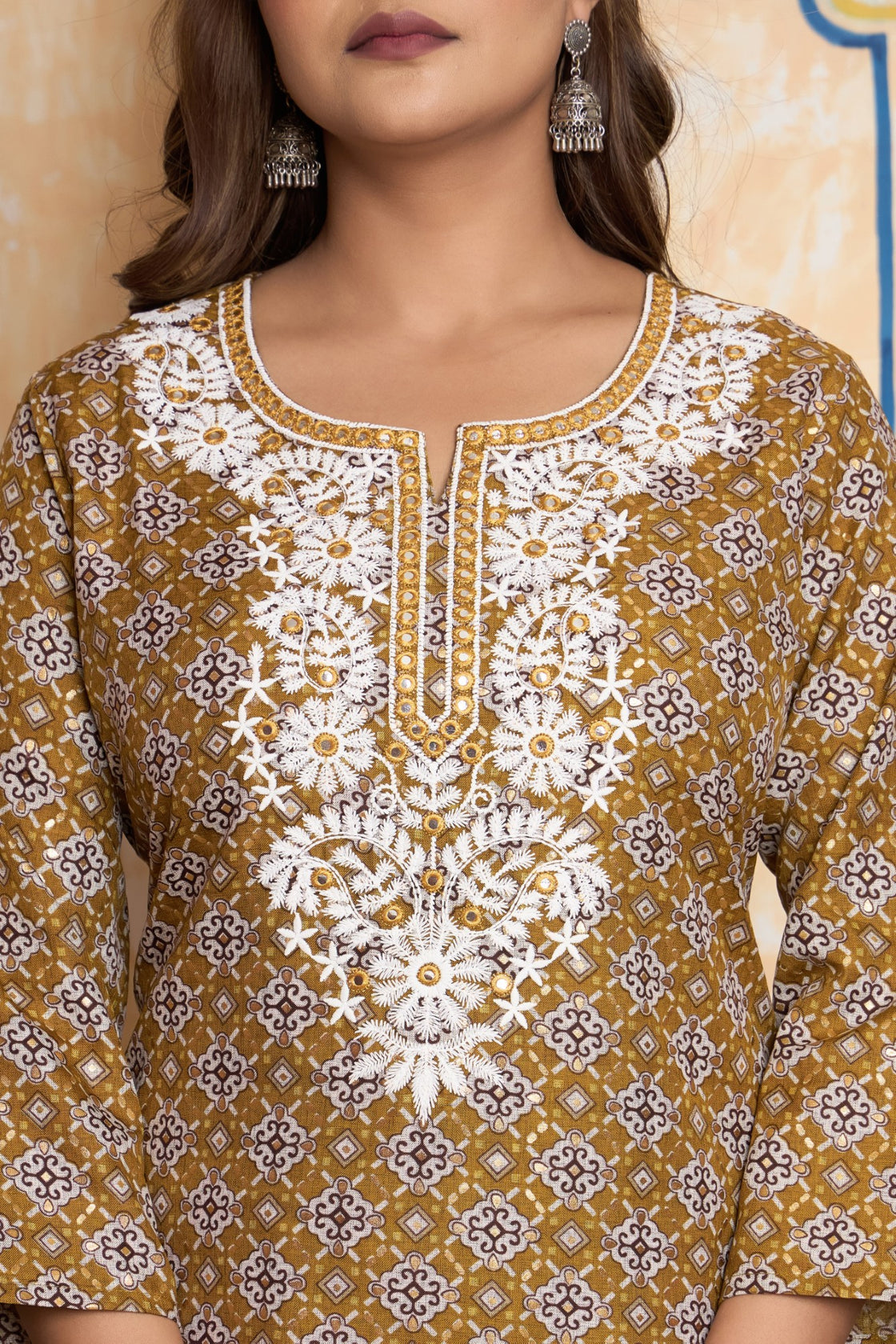 The Navra Golden Ochre Printed Cotton Kurta Set with Embroidery