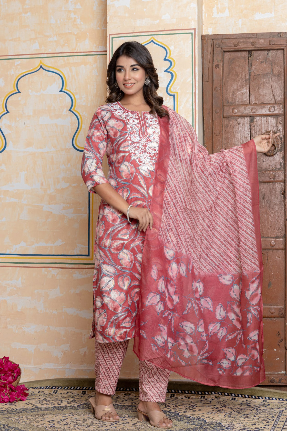 The Navra Deep Rose Floral & Leheriya Print Cotton Kurta Set with Embroidery