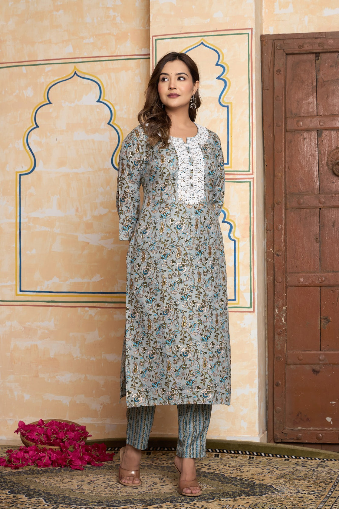 The Navra Dusty Blue Floral Cotton Kurta Set with Lace Embroidery & Dupatta