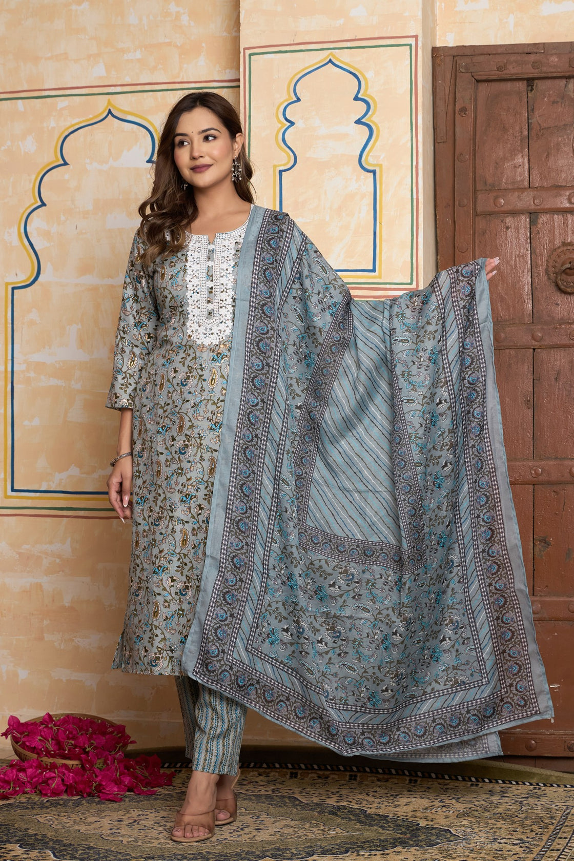 The Navra Dusty Blue Floral Cotton Kurta Set with Lace Embroidery & Dupatta