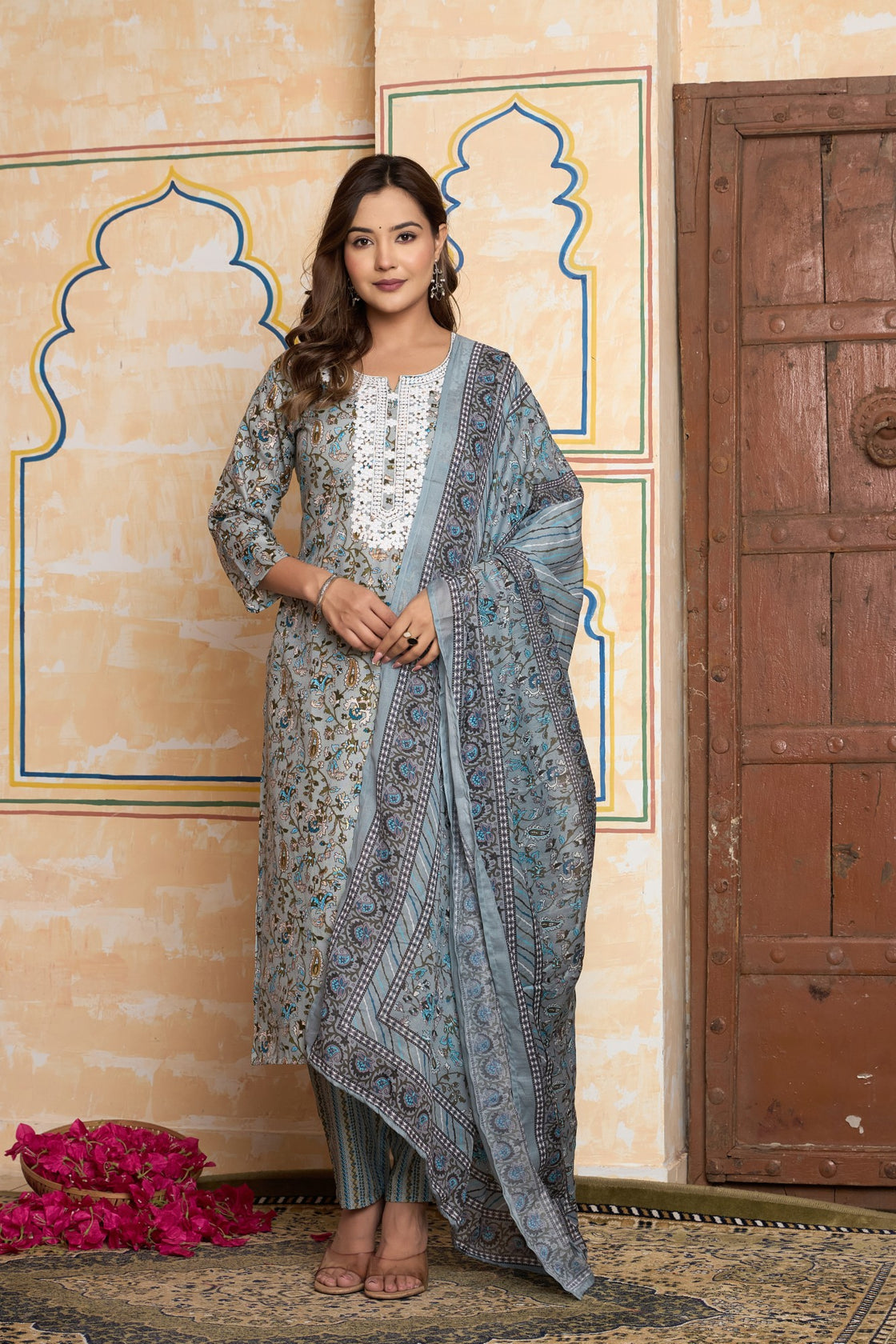 The Navra Dusty Blue Floral Cotton Kurta Set with Lace Embroidery & Dupatta