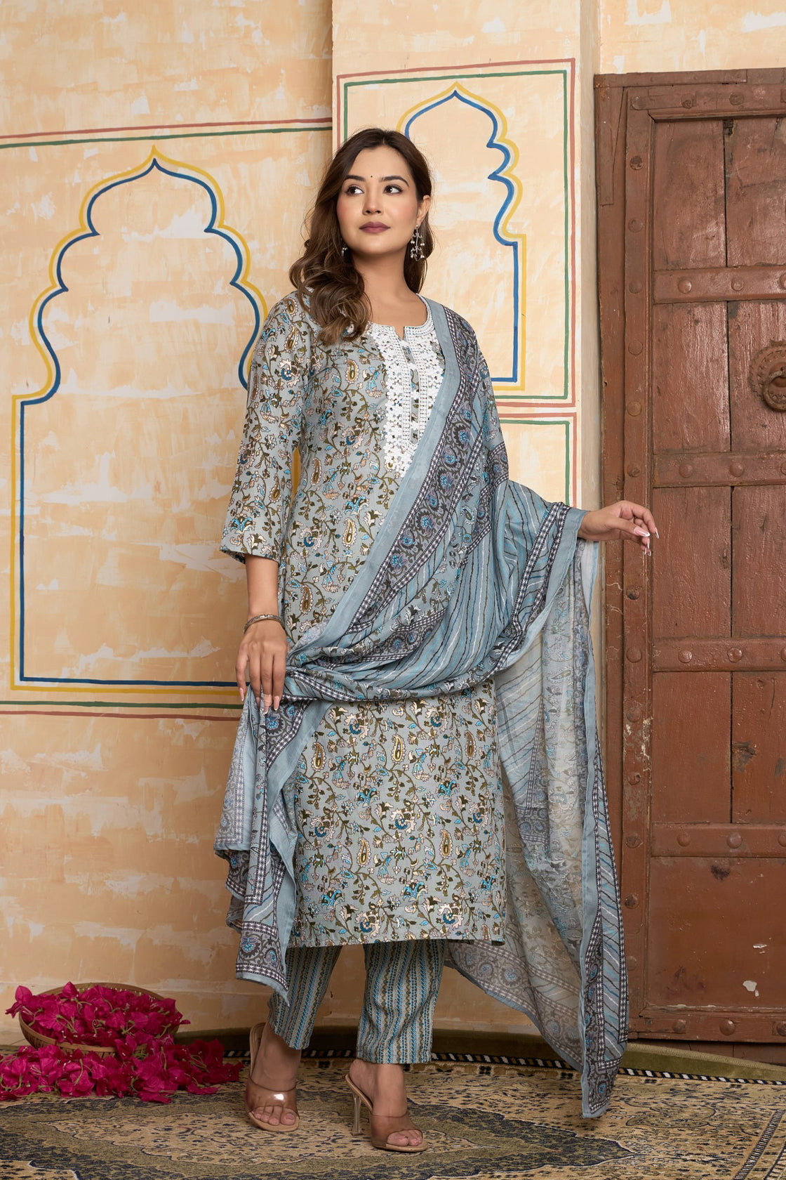 The Navra Dusty Blue Floral Cotton Kurta Set with Lace Embroidery & Dupatta