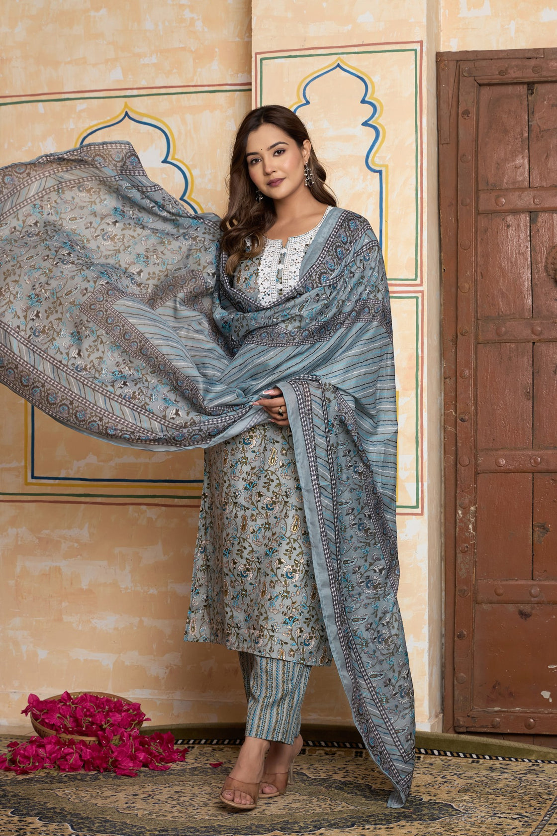 The Navra Dusty Blue Floral Cotton Kurta Set with Lace Embroidery & Dupatta