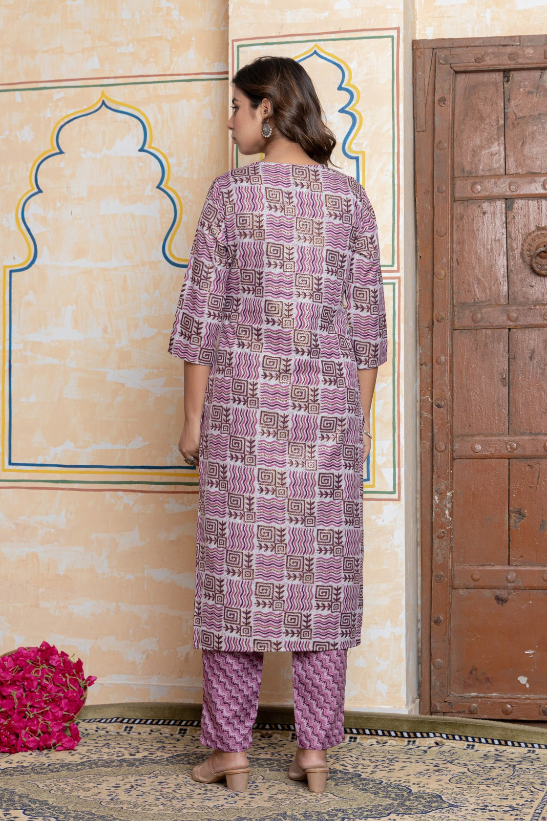 The Navra Dusty Pink Floral Cotton Kurta Set with Embroidery & Dupatta