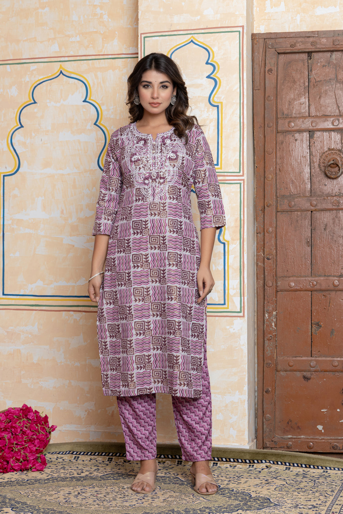 The Navra Dusty Pink Floral Cotton Kurta Set with Embroidery & Dupatta