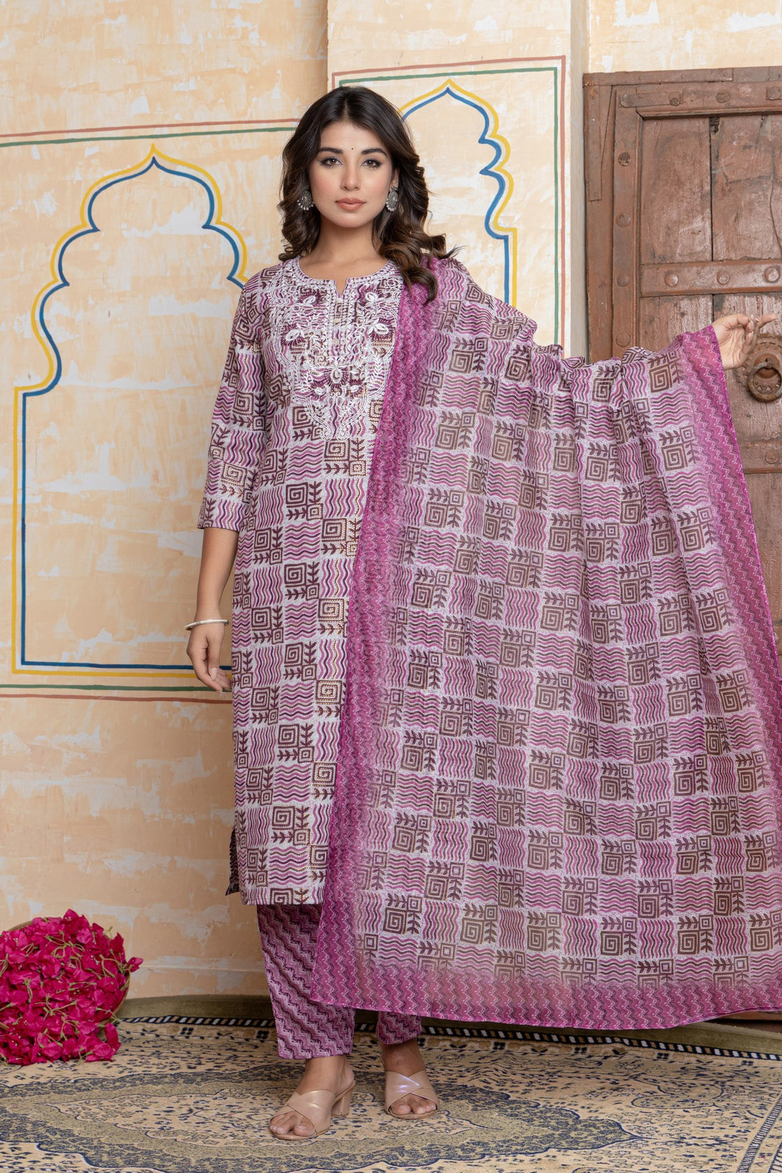 The Navra Dusty Pink Floral Cotton Kurta Set with Embroidery & Dupatta