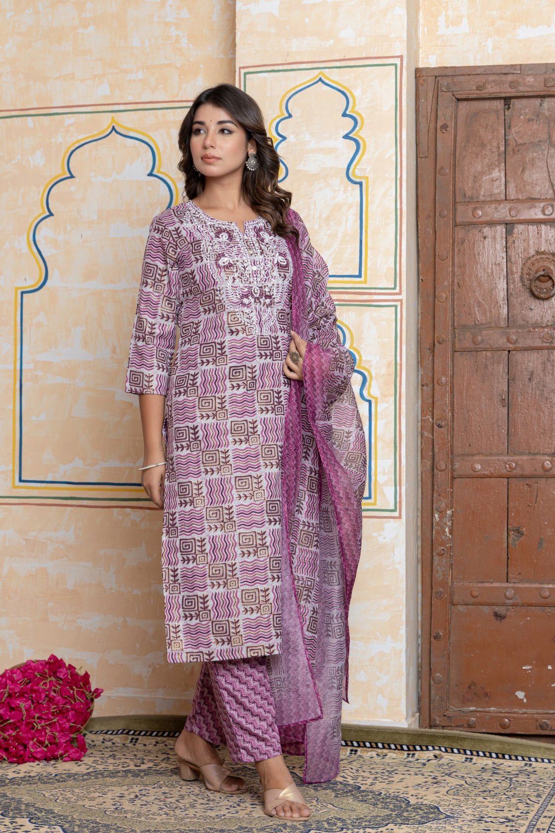 The Navra Dusty Pink Floral Cotton Kurta Set with Embroidery & Dupatta
