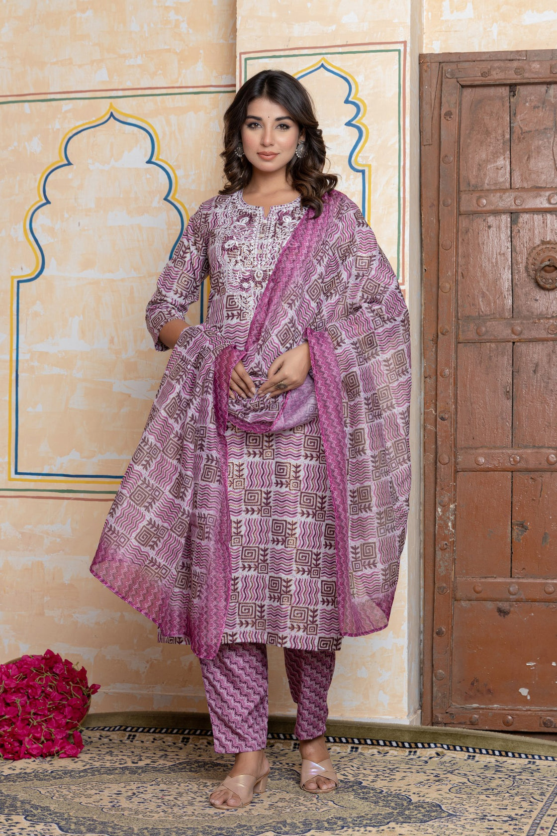 The Navra Dusty Pink Floral Cotton Kurta Set with Embroidery & Dupatta