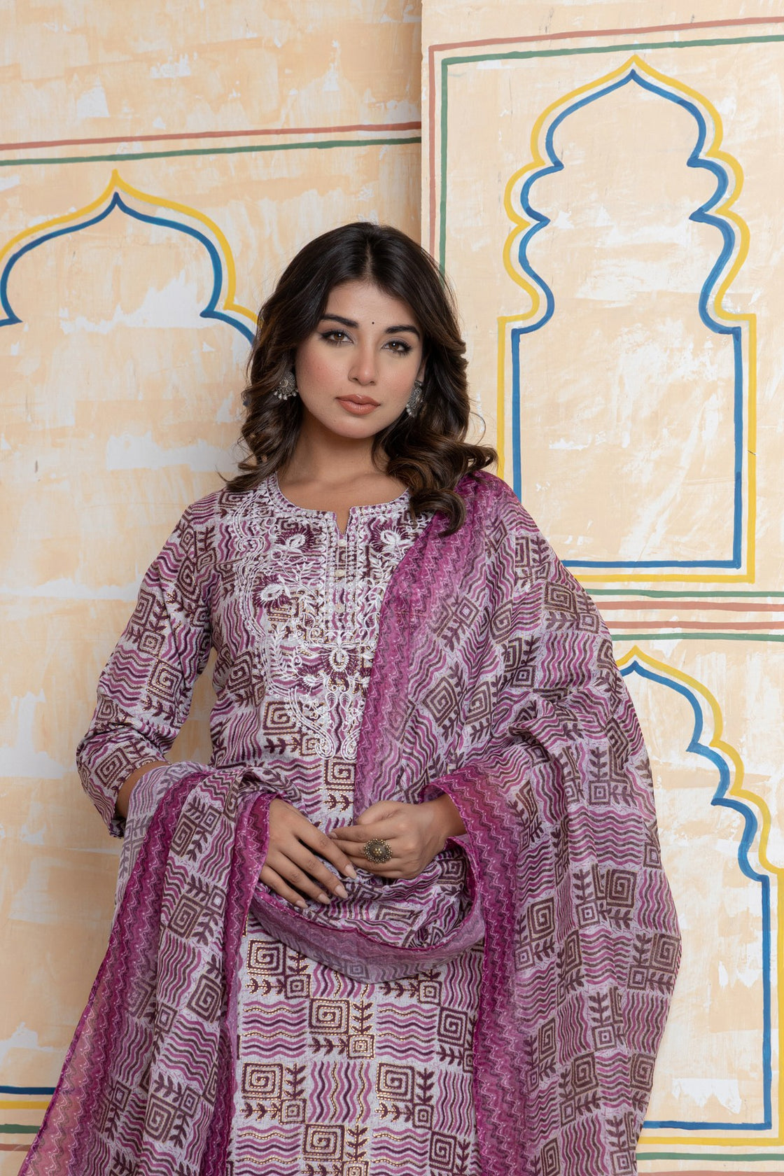 The Navra Dusty Pink Floral Cotton Kurta Set with Embroidery & Dupatta