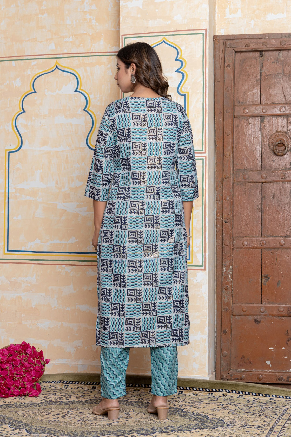 The Navra Indigo Blue & Grey Printed Cotton Kurta Set with Embroidery & Dupatta