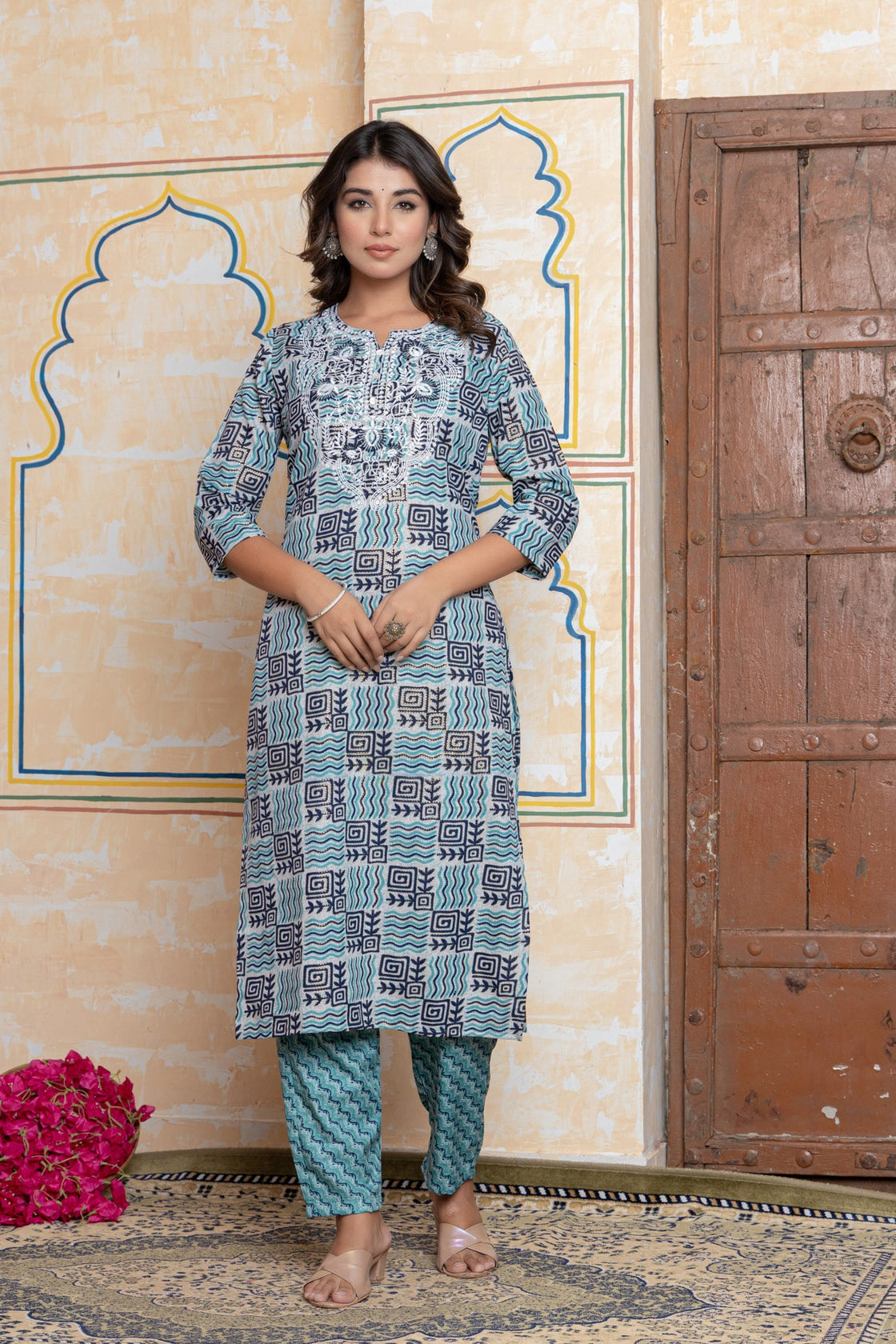 The Navra Indigo Blue & Grey Printed Cotton Kurta Set with Embroidery & Dupatta