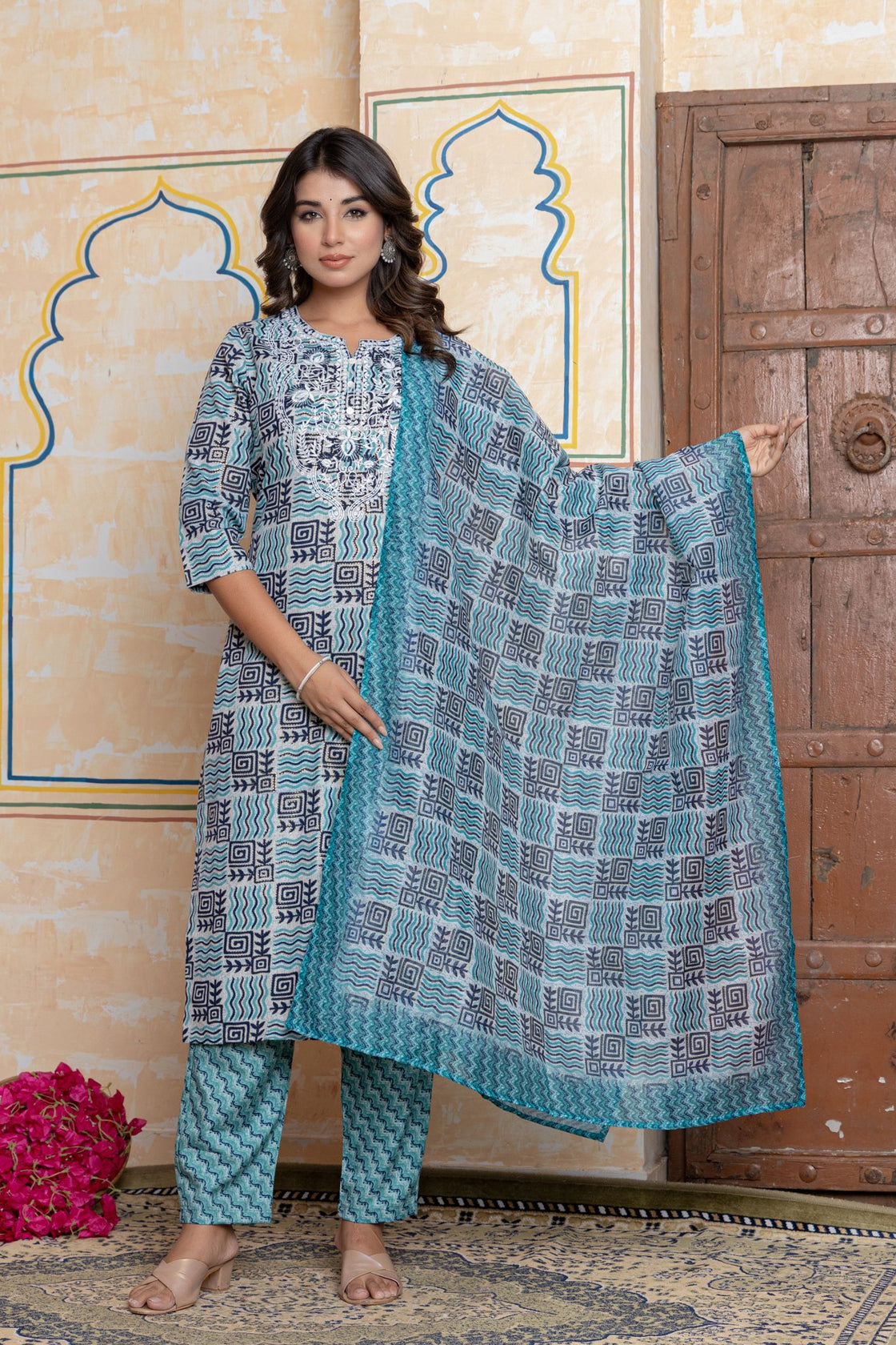The Navra Indigo Blue & Grey Printed Cotton Kurta Set with Embroidery & Dupatta